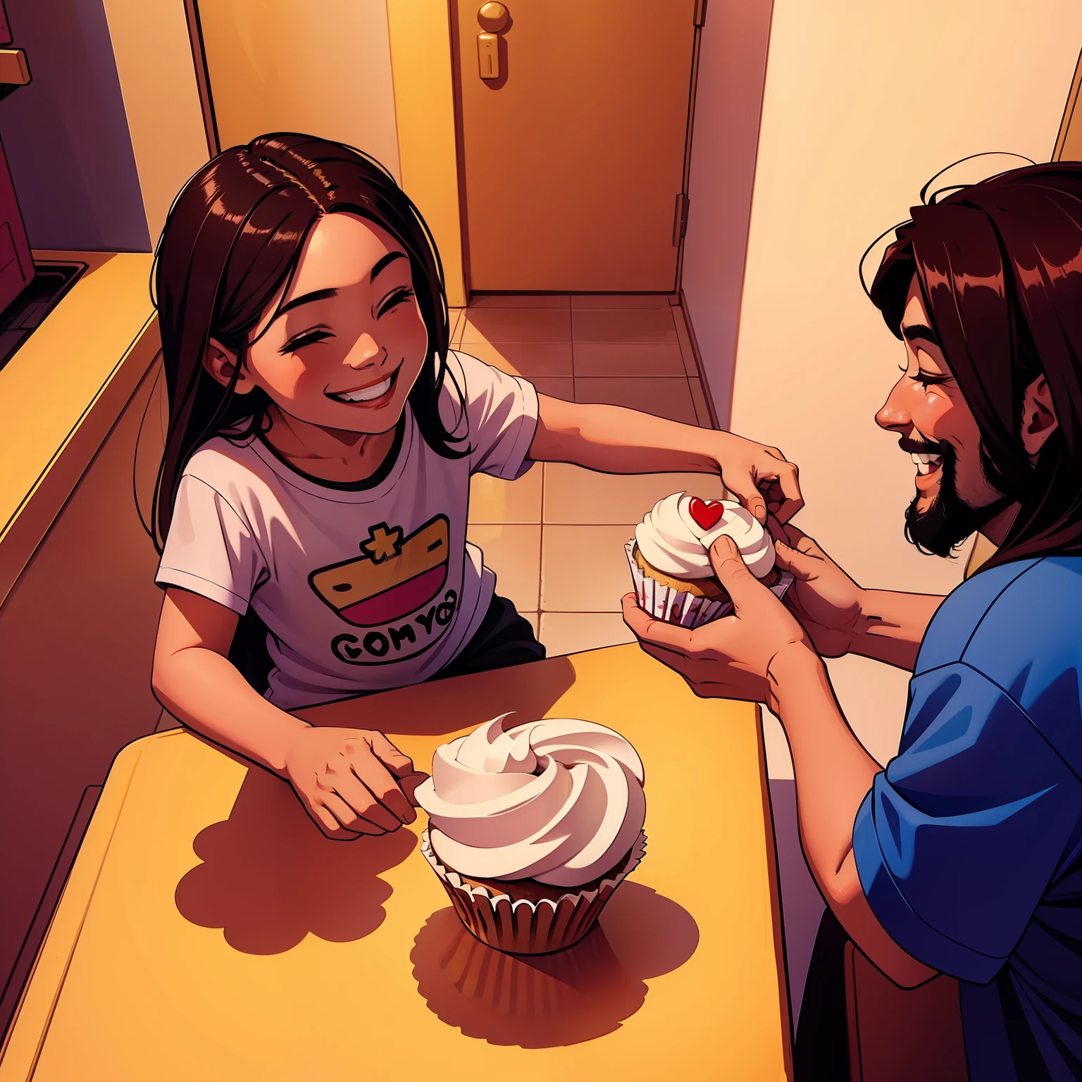 Jesus smiling offering a cupcake to a child, they're in a square, qualidade 8k