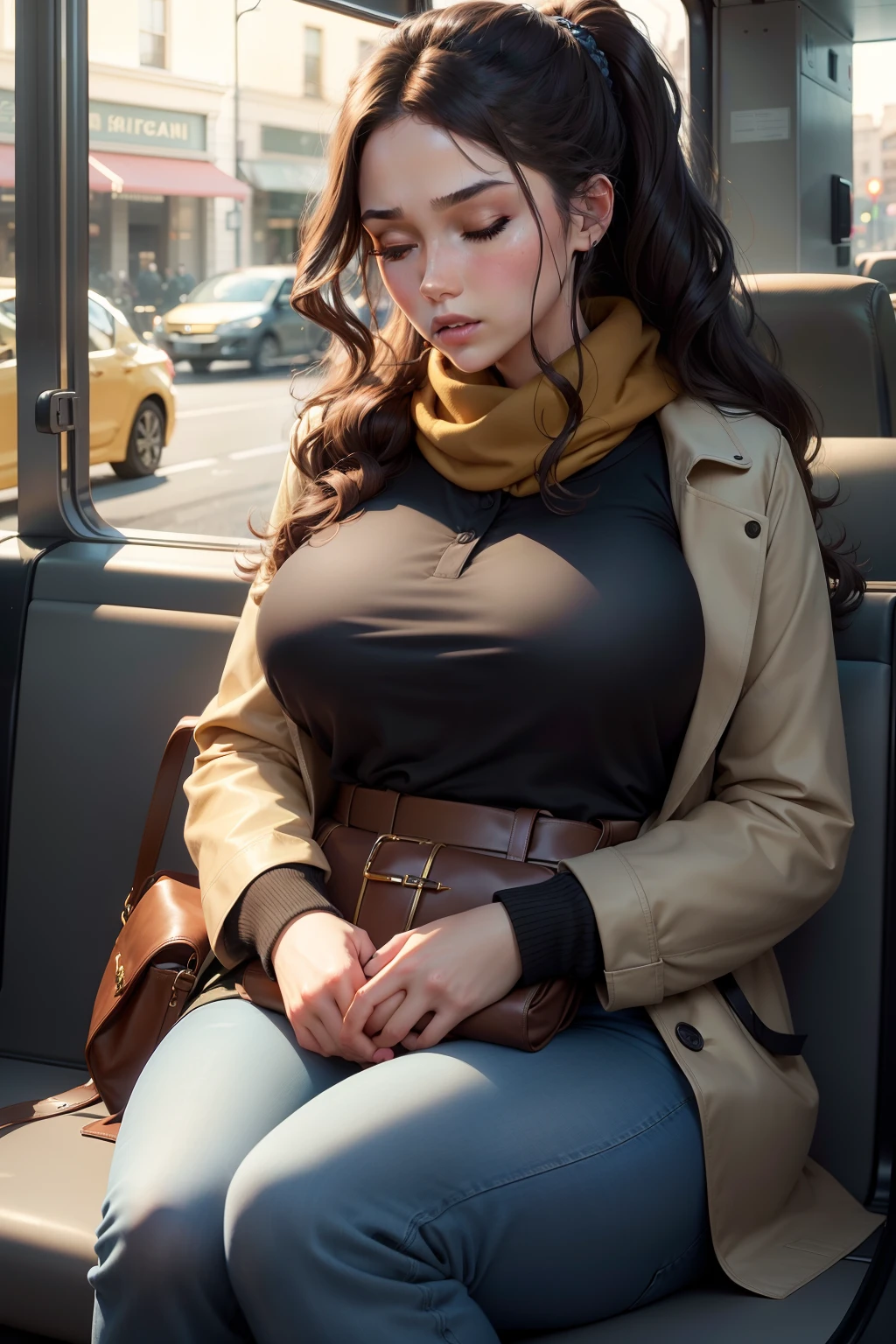 1 beautiful woman, large body, eyes closed, fair skin, wavy brown hair, ponytail, eyelids made up, eyelids outlined with makeup, black polo shirt with a large neckline, long light blue jeans, mustard trench coat, tall brown boots, scarf mustard, large black bag, asleep with her mouth open, asleep lying on the bus seat, nodding.