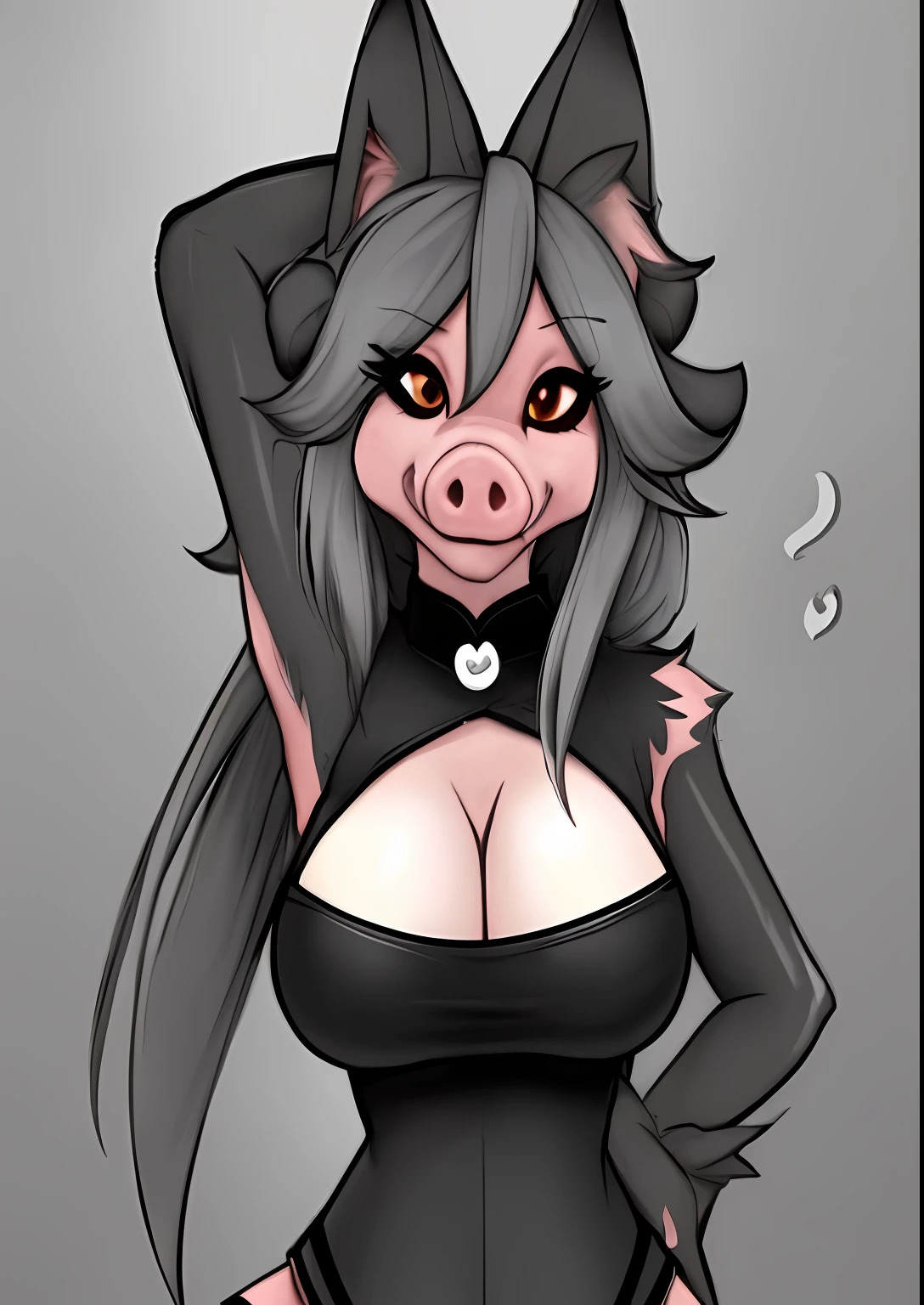 Un dibujo de caricatura de una mujer con un vestido negro con orejas de cerdo, Hembra Fursona, oc commission, High Resolution Commission furry, vestido, Arte peludo!!!, Hembra peluda mini estilo lindo, Coletas, Arte de Fursona, Thicc, Arte Antro, cerda, rosa, gotica, cerda salvaje, animal de granja cerdo