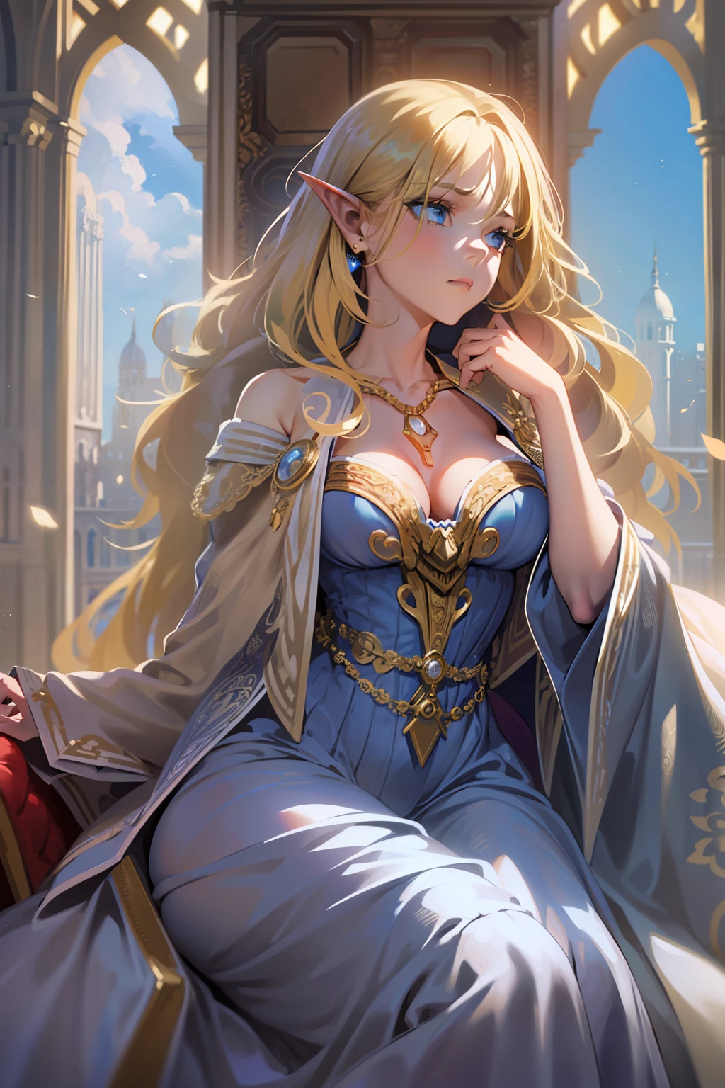(Realistic), (Highres), 4K, 8K, Detailed Illustration, Ultra-Detailed, Ambient Light, Backlighting, Realistic Shadows, Glowing Particles, Light Particles, Digital Art, Detailed Face, Detailed Hair, (Hyper-Detailed Eyes:1.2), Soft Light, Soft Lighting, (Outdoors:1.15), Renaissance, Renaissance Architecture, Hyper Detailed Architecture, Vintage Windows, Red Curtains, (Throne:1.4), (Sitting on Throne:1.2), Front, Frontal, Huge Throne, Ornate Throne, Royal Throne, Massive Throne, (Blonde Hair:1.15), Bangs, Shiny Hair, short braids, Blue Eyes, Closed Mouth, Dignified Expression, Emotionless, Calm, Confident (Solo:1.4), Mature Female, Sexy Elf Woman, Full Body, Toned Thighs, Narrow Waist, Round Hips, (Huge Perky Breasts:1.1), Crossed Legs, (Crossed Arms:1.1) (Elegant Blue Dress:1.1), Ornate Clothes, Ornate Dress, (Blue Off-Shoulder Dress:1.1), Bare Shoulders, Skindentation, (Blue Dress:1.1), (White Puffy Sleeves, Long Sleeves, Juliet Sleeves:1.1), Long Sexy Dress, cleavage, covered , (Ballroom Gown:1.3), (Frilled Dress:1.3), (Jewelry:1.15), Collar, Gorget, Gold-Trim, Regalia, Knight (NSFW 1.1)