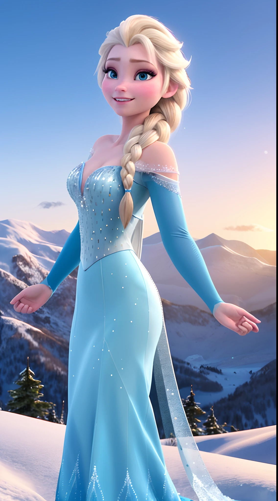 (masterpiece, best quality:1.2), Elsa, 1girl, solo, looking at viewer, blue dress, from frozen, cleavage, long white hair, blue skirt, blue eyes, sexy smirk, frozen castle, 