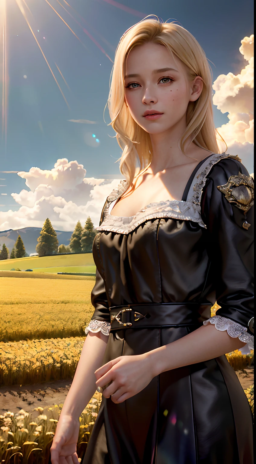 (realistic:1.3), finely detailed, quality, rembrandt lighting, (masterpiece:1.2), (photorealistic:1.2), (best quality), (detailed skin:1.3), (intricate details), dramatic, ray tracing, 1girl, american white girl, blonde hair, 21 years old, medium breasts, (Meadow, Sun, Clouds, Field, Farming, Starlight, Walking trail)