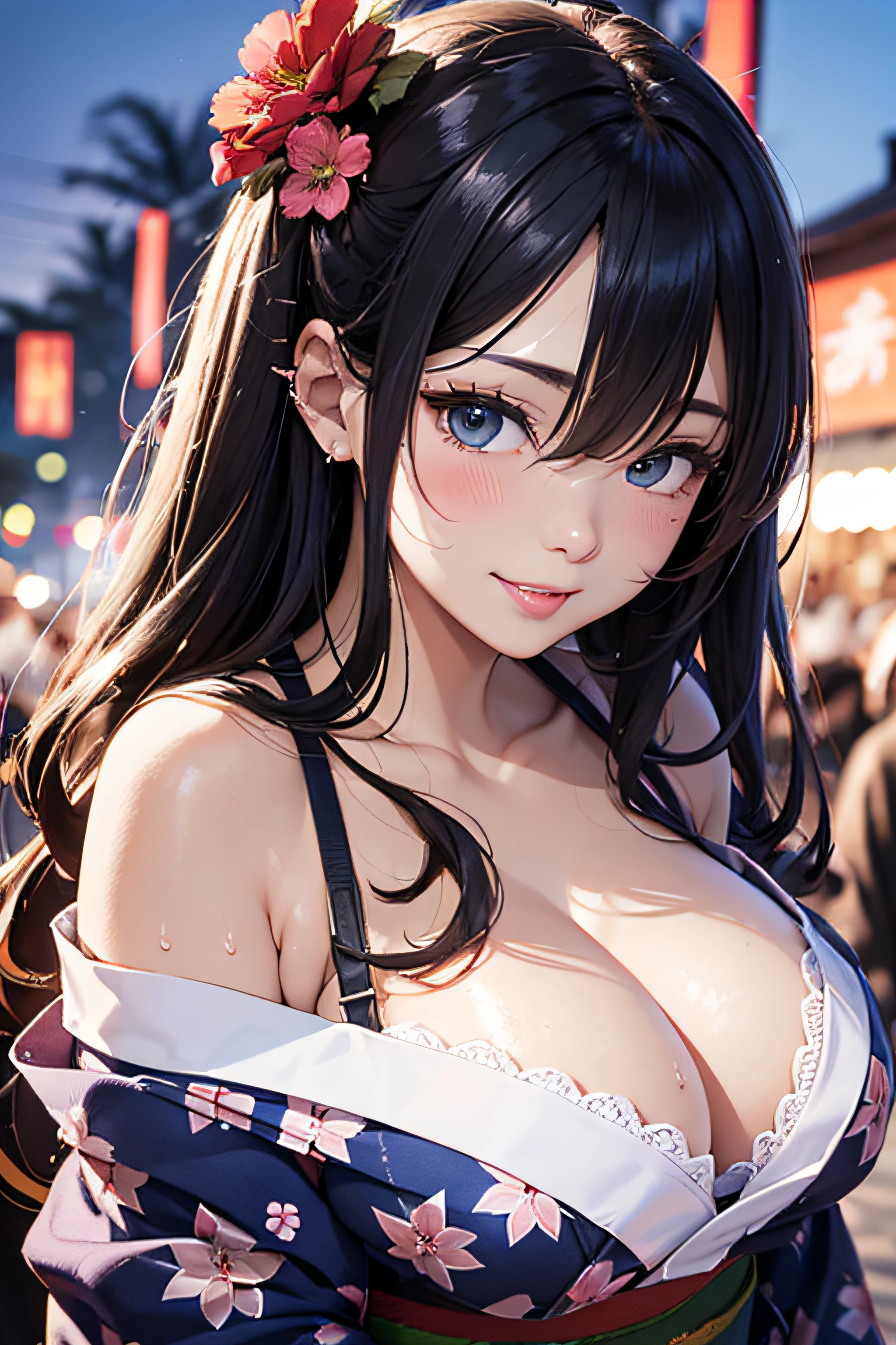 8K、top-quality、masutepiece、An ultra-high picture quality、ultra-detailliert、Ultra-realistic hair quality、Vibrant colors、Beautuful Women、Beautiful long hair、smooth hair、detailed hairs、blue hairs、poneyTail、Blue eyes、shinny skin、Lace underwear、Very gigantic-breasts、Sweat on the forehead and cheeks、extremely big ass、Fluffy off-shoulder yukata、A smile、pink tongue、Ultra-realistic flesh feeling、Red cheeks、summer festival in background