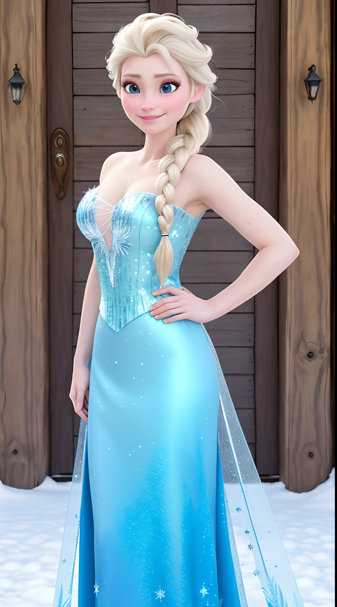 "Create a masterpiece with the best quality, showcasing a realistic cosplay of Elsa of Arendelle in her stunning blue ice dress. She should have a single braid. The background should feature a majestic mountain covered in snow and ice, close shot, she is large chested and has decolletage, she is petite and is posing for the shot, the shot is taken from below."