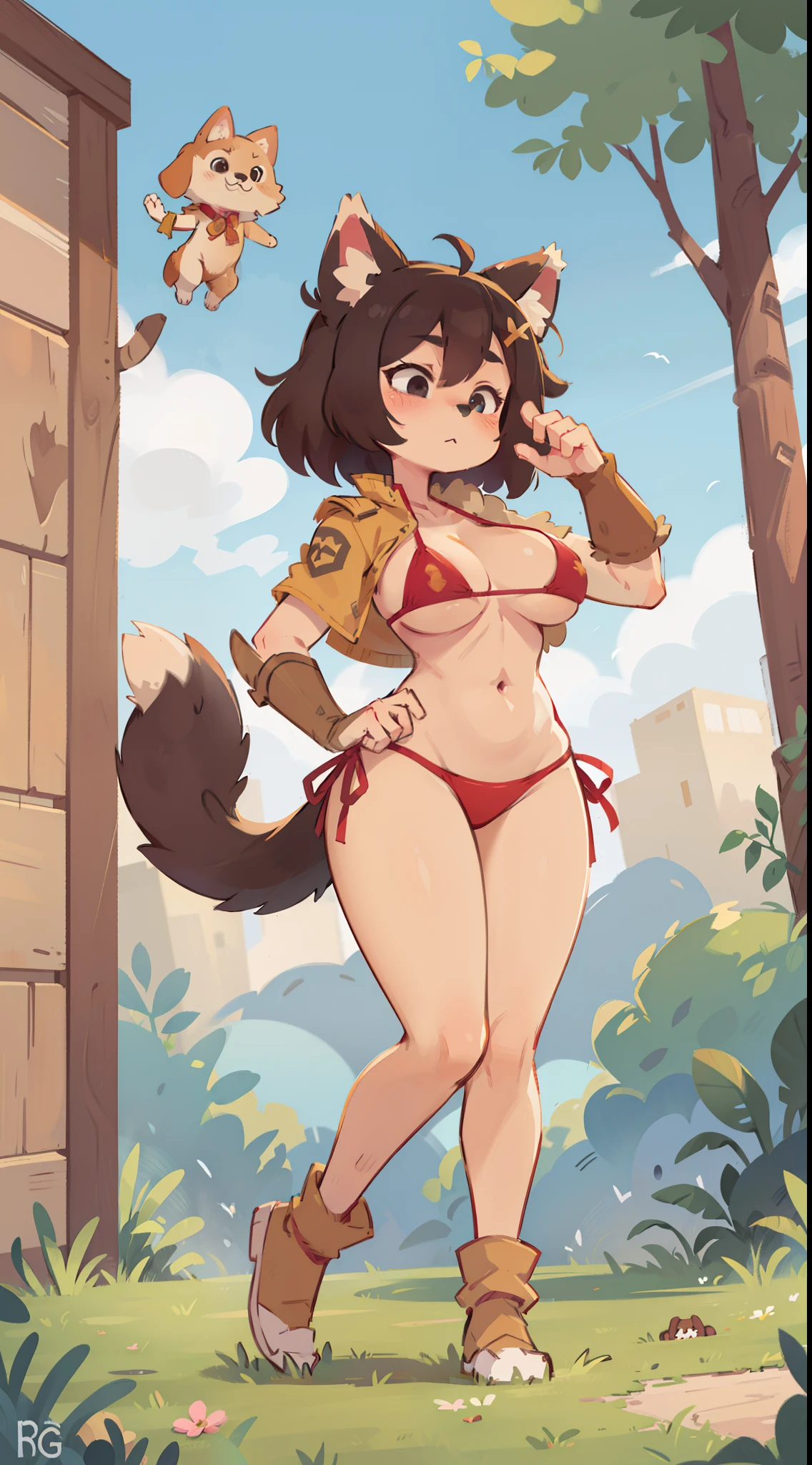 Anthro female, solo focus, female, dog, bikini armor, furry, furry body, dog head, dog ears, cute, wide hips, breast, bouncy, cute, blushing, eyes close, neutral expression, woods, fields, sky, airship