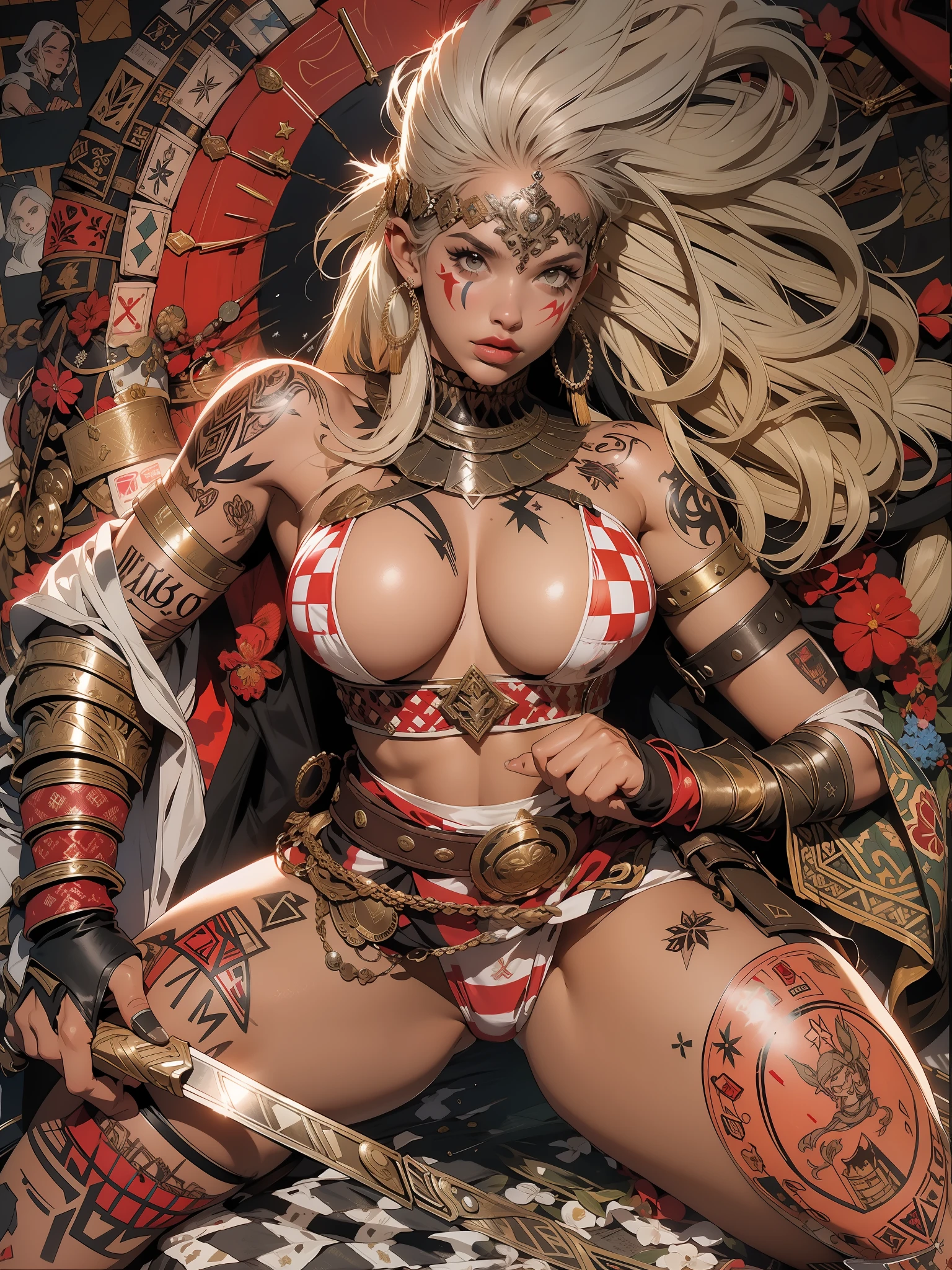 (((mulher))), (((melhor qualidade))), (((obra prima))), (((adulta))), Uma guerreira mulher de 35 anos com corpo perfeito, Brooklyn Gladiators, (( under boobs )), quase nua no estilo selvagem urbano de Simon Bisley para a capa da revista Heavy Metal, cabelo loiro, Minimum clothing, red and white checkered pattern, armadura, cheio de pontas e rebites, tatuagem tribal, (((do joelho pra cima))), cabelo desalinhado