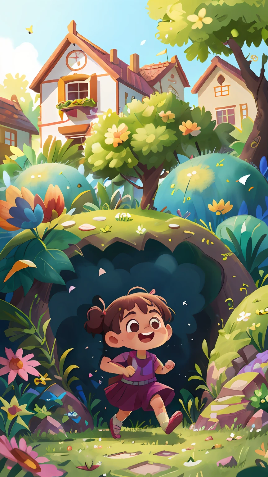 A 6--old l is running in a garden, she is wearing gardener's clothes, is happy, laughing, perfect quality, clear focus (mess - house: 0.8), (masterpiece: 1.2) (Realistic: 1.2) (Bokeh) (Best quality) (Detailed Skin: 1.3) (Intricate Details) (8K) (Eye Detail) (Sharp Focus), (Happy)