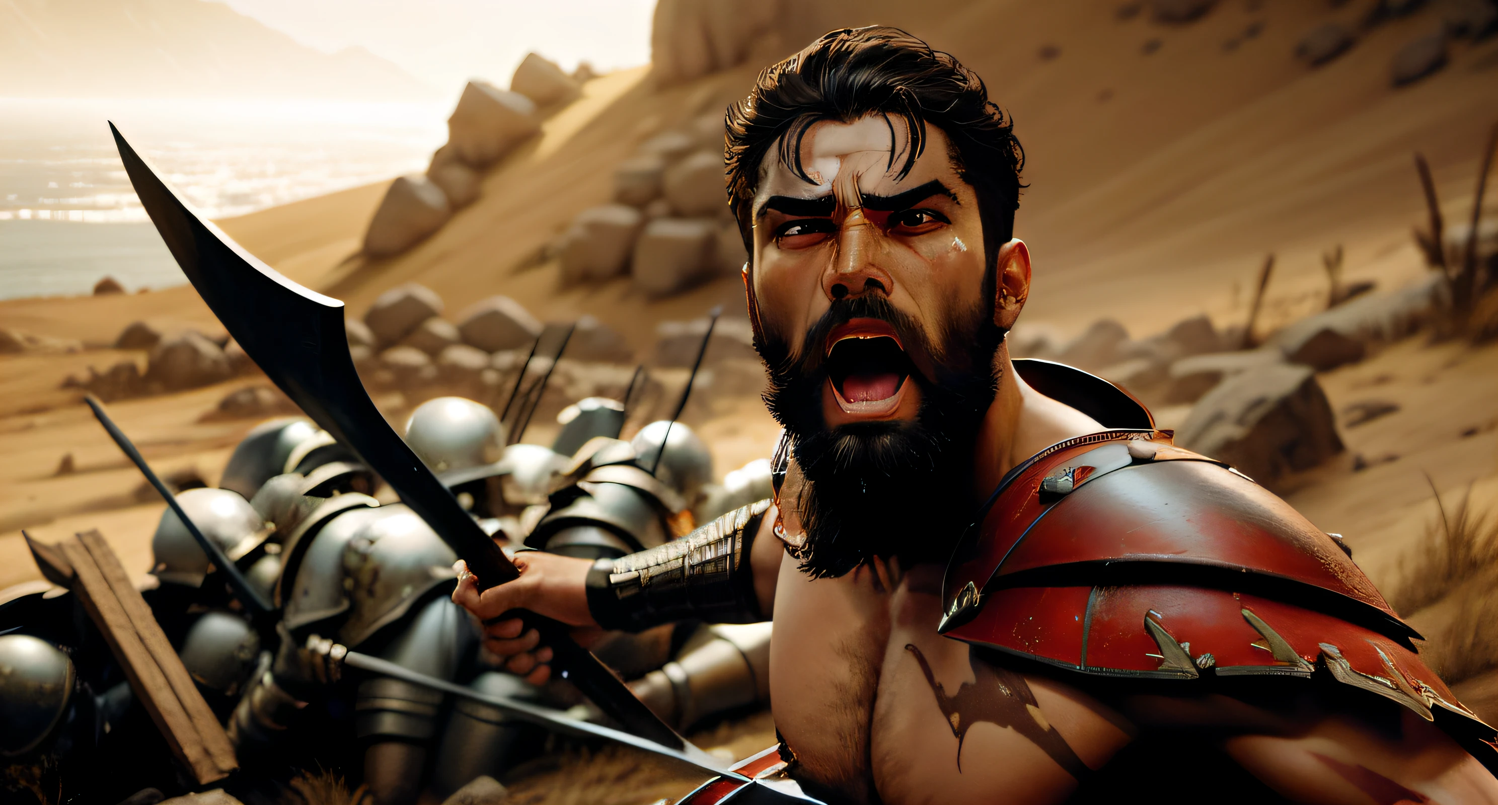 "Produce a hyper-realistic image of Leonidas, o rei espartano, em meio ao calor da batalha, with an intense expression of battle cry and wielding a sword in high resolution 8K. Focus on the face of Leonidas, capturing every detail of the furious expression as he motivates his warriors at the Battle of Thermopylae. Use dramatic lighting to highlight the face and sword, emphasizing the contrast between illuminated areas and shadows. Leonidas' Spartan armor must be rendered accurately, displaying authentic textures and details. Place it in a setting that suggests the landscape of the Thermopylae Gorge, com elementos da batalha ao fundo, para contextualizar a cena. Transmita a energia, the leadership and determination of Leonidas in his combat posture."