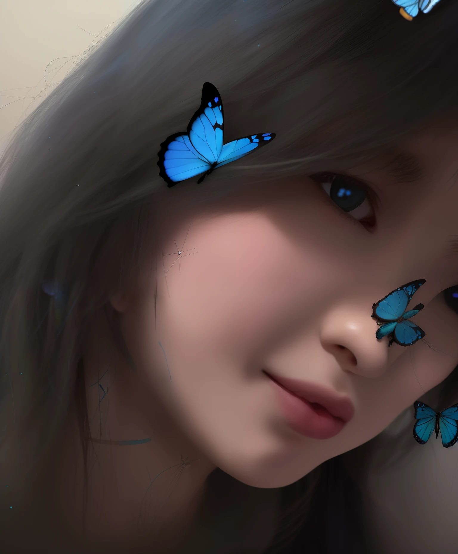 there is a woman with blue butterflies on her face, aesthetic cute with flutter, profile pic, with glowing blue lights, butterfly, profile image, profile photo, glowing blue butterflies, low quality grainy, 18 years old, with blue skin, with beautiful wings, butterflies, butterflies in the foreground, 19-year-old girl, 1 6 years old