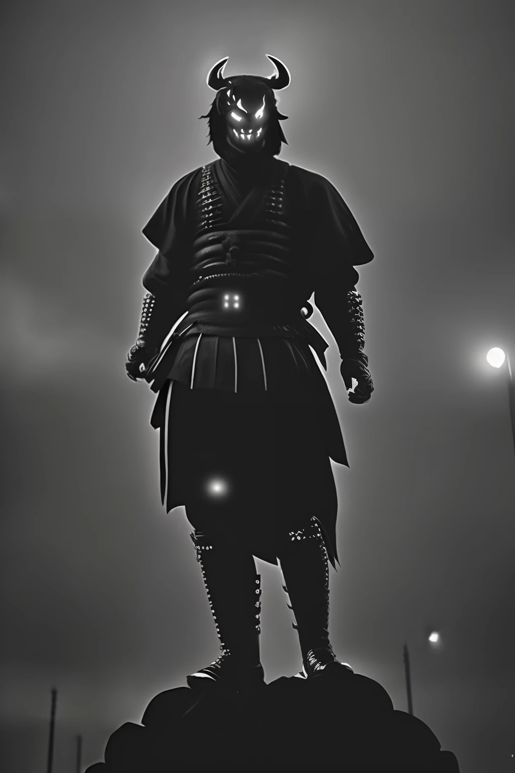 city_lights, floating, glowing,greyscale, monochrome,demonic,samurai,