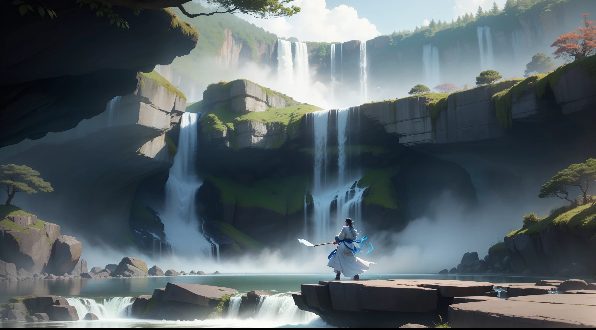 Describe a vivid scene where a majestic waterfall forms an impressive backdrop. Na frente da cachoeira, highlights the iconic character Ryu from Street Fighter, imortalizado em uma pose imponente.

Detail the waterfall with its water flows falling from impressive heights, forming a white curtain that contrasts with the surrounding rocks and vegetation. Descreva o ambiente circundante, including the trees and shrubs that surround the waterfall, criando uma moldura natural para a cena.

No centro da cena, Ryu is standing, displaying his characteristic fighting posture. Her figure is enhanced by the vibrant colors of her kimono and sash, destacando-se contra a natureza circundante. Detalhe a pose dele, incluindo a firmeza de sua postura, the concentration in your gaze and the feeling of energy contained in your body.

A luz do sol, filtering through the trees, spears of light that dance over the waterfall and subtly illuminate Ryu's figure. The sound of falling water creates a smooth and relaxing soundtrack to the scene.

Capture the sense of harmony between Ryu's powerful nature and controlled force, proporcionando ao observador uma imagem impressionante que combina elementos naturais com o mundo dos jogos.