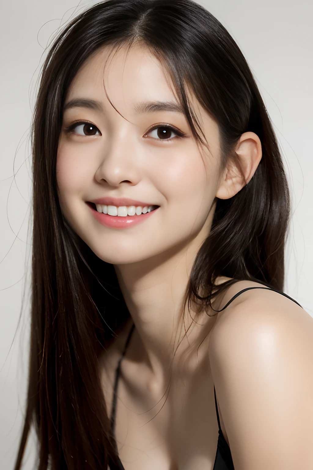 (a detailed full-body RAW photo of a girl), ((masterpiece, top quality, high definition)), 1 girl, (photorealistic: 1.4), solo, white background, snow-white background, mouth closed, happy smile, happy smile, pretty black hair,(black silky long straight hair, long hair flowing over the shoulders:1.3), big eyes, clear double eyelids, eyelashes, ears out, long neck, long neck, absolute area, ((face close-up)), (drawing all head, shoulders), 19 years old, Attractive proportions, shiny skin, clean collarbone, golden ratio face, perfect face, teardrop mole, mole on chest, beautiful bangs, lip gloss, thin lips, fair skin, naked, big breasts, small face, small face, head all drawn, shoulders all drawn, staring at the camera slightly above？？8K, Raw photo, top-quality, hight resolution: 1.1, A hyper-realistic: 1.4, realisitic, The ultra-detailliert, Photorealistic: 1.3, absurderes, masutepiece, ulzzang -6500-v1.1:0.33, Beautiful_mistake-6500:0.66, pureerosface_v1:0.33, Raw foto: 1.2, Open mouth, Soft light, cinematric light, Film grain, full body Esbian, depth of fields,, blured background, eyes focus, POV, 20 years old, 85mm lens, F/1.4, Professional Lighting, portrait of the, photon maping, Radio City, physically-based renderingt(physically-based renderingt(physically-based renderingt(physically-based renderingt(physically-based renderingt(Physically Based Rendering))))), Transparency, Japan girls, sexual excitement: 1.5, Realistic face, Realistic body, Realistic skin, clean: 1.5, Big breasts: 1.3, Teardrops, Watery eyes, Raised eyebrows, Good Style, Camel toes, Smile, A charming smile, Detailed brown hair, (very messy hair:1.5),