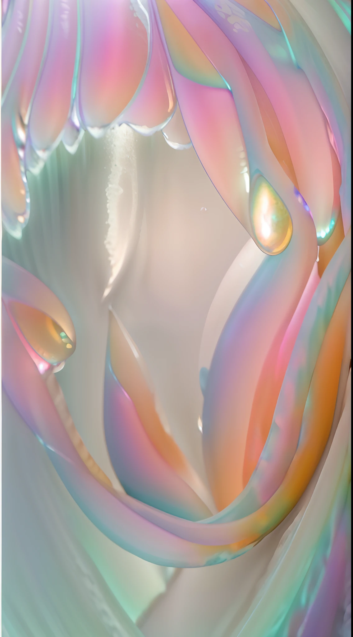 um close up de uma ondas do mar com um fundo verde, Melancholonic waves of soft light, calmaria,  Ornate translucent movement, pele perolada, Diaphanous iridescent silks, translucido, (Neon light) ((cores neon)) Opal petals, Toneladas perolados |, pastel hues, Petals of flying flowers in pastel, Mother Iridescent Pearl, belas cores opalescentes, brilho iridescente, furta cor, metalic, ranhuras de uma rocha, luz, raio de luz, furta cor