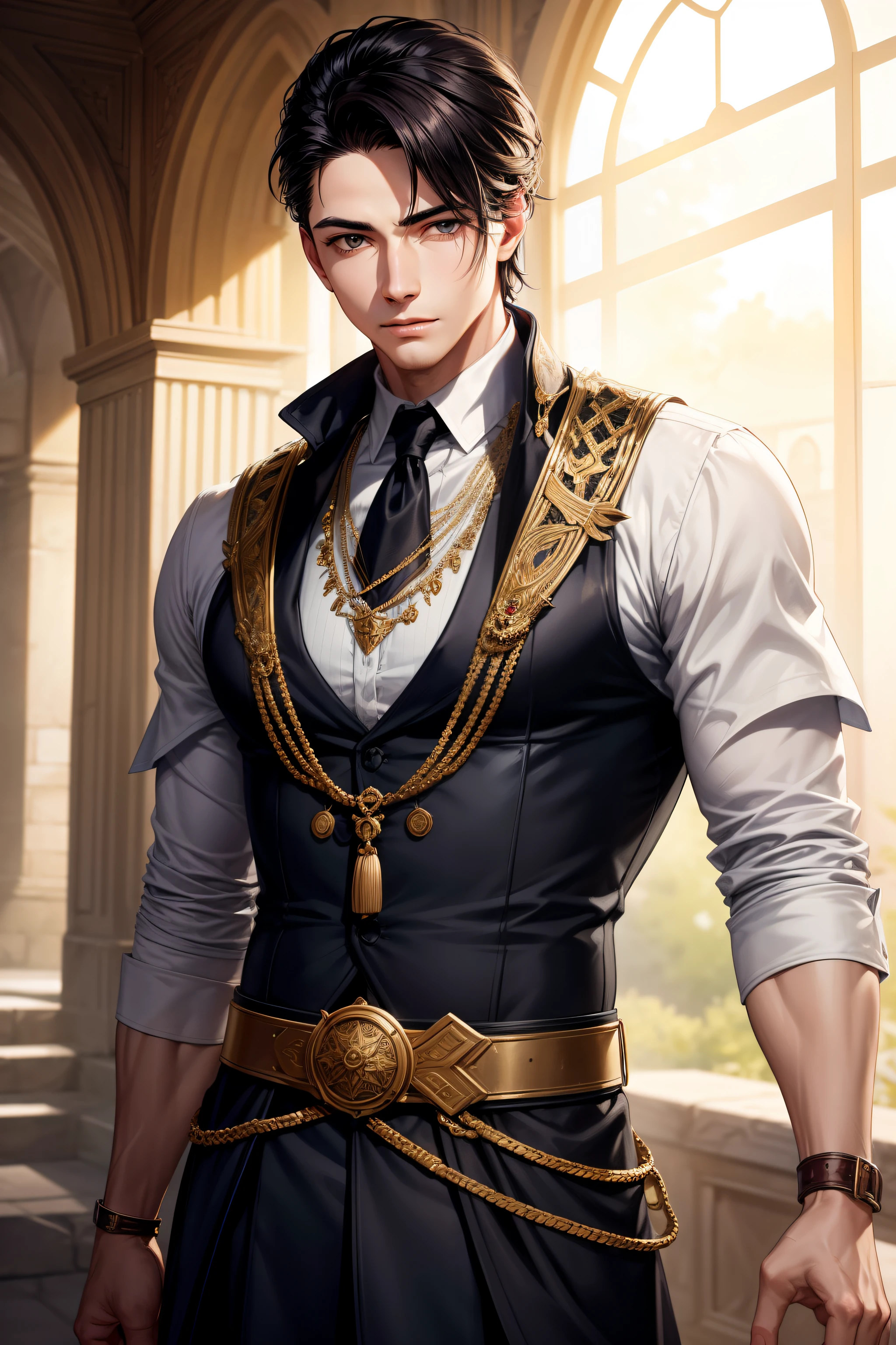Create an illustration of a confident young male with fair, creamy skin, exuding a sense of vitality and strength. His skin tone is reminiscent of pure porcelain, radiating a classic charm. The character's expression should convey his individuality, capturing the essence of his fair complexion and self-assured demeanor.
Complementing his distinctive features, his hair is sleek and black, styled in a classic, sophisticated cut that exemplifies timeless masculinity. The straight hair frames his face with precision and adds to his confident appearance.
Adorned in a medieval-inspired attire, he wears a tunic and trousers made from rich, textured fabrics. The outfit is elegantly adorned with simple yet intricate details that evoke the charm of the past era. A belt cinches the tunic at his waist, adding a touch of rugged refinement to his ensemble.
The artwork should be detailed, capturing the interplay of light and shadow on the skin, hair, and attire to convey depth and personality. This portrayal will amplify the character's striking appearance, emphasizing his confident and timeless presence in a medieval setting