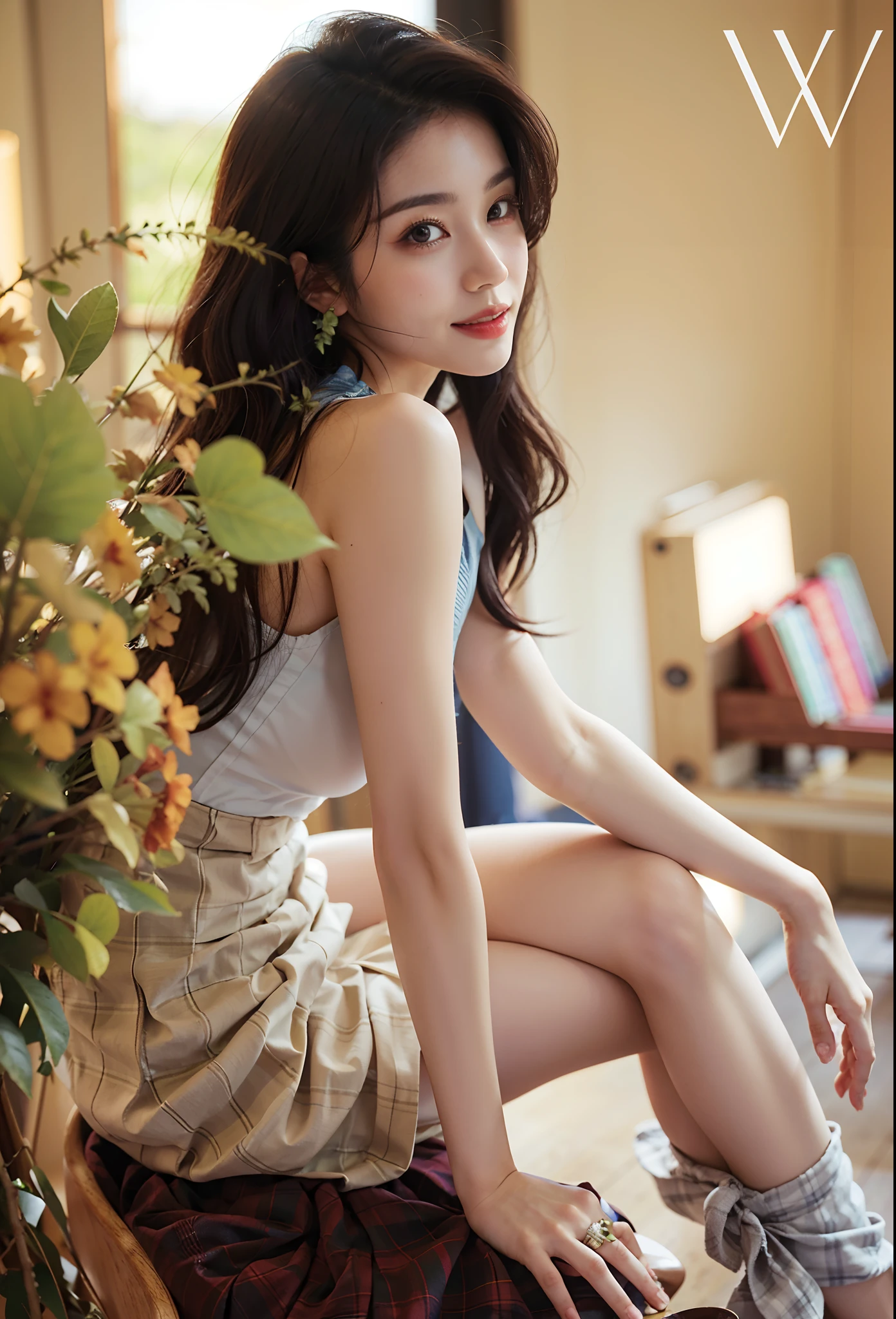 (((Medium hair))), best qualtiy, 8K, hdr, A high resolution, absurderes:1.2, blur backgroun, Background bokeh:1.2, photography of, (RAW photo:1.2), (真实感:1.4), (Masterpiece:1.3), (complexdetails:1.2), 1girll, 独奏, japanaese girl, delicated, Beautiful detailed, (Detailed eyes), (Detailed facial features), Bigboobs, (((Large breasts))), Skin Firm, (Looking_at_peeping at the viewer), From_Front, (being thin),(best qualtiy:1.4),(超A high resolution:1.2),cinematic lighitnglamplight,(Extremely detailed illustration),(Gloss on lips,best qualtiy,超A high resolution,depth of fields,Caustics,Extensive illumination,naturalshadow,85mm, f/1.4, iso 200, 1/160s:0.75),1girll, Solo, (((blue tanktop))) Smile, ((校服,Plaid pleated skirt,Classroom))