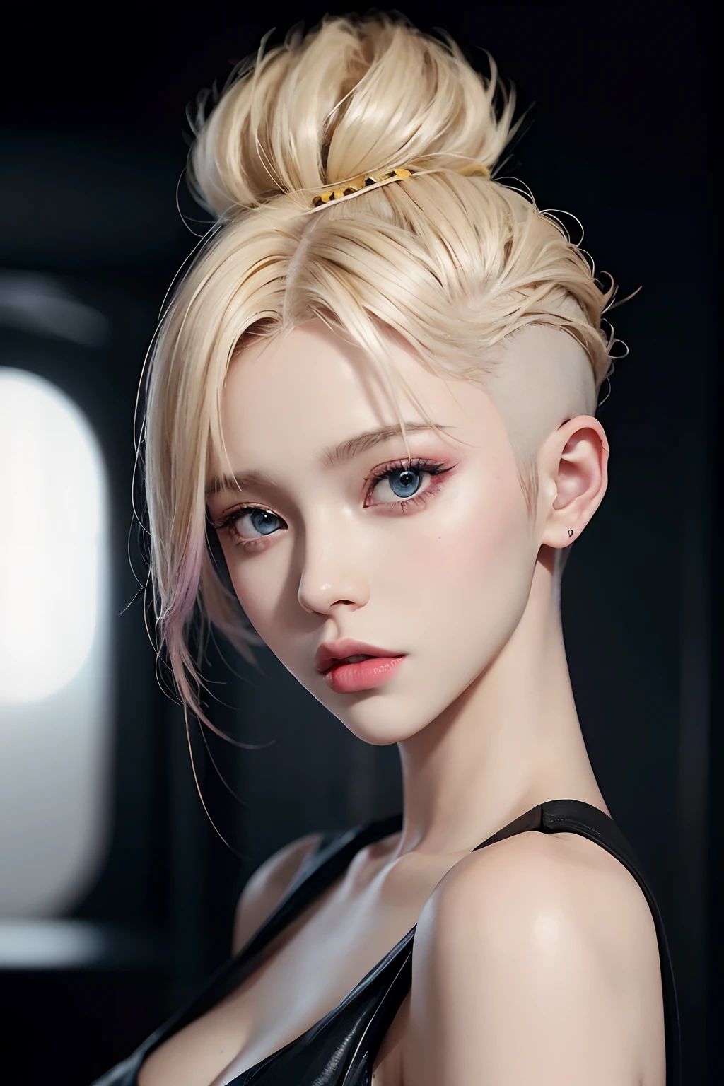 A woman with blonde hair and a black dress posing for a picture - SeaArt AI