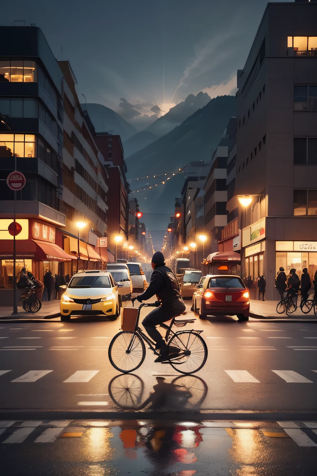 Draw a traffic scenario with different vehicles, como carros, bicicletas e pedestres. Highlight a vehicle giving way to a pedestrian in the crosswalk. Em torno desta cena, Draw hearts or stars to symbolize the idea of sharing good examples and spreading good deeds on the road.
