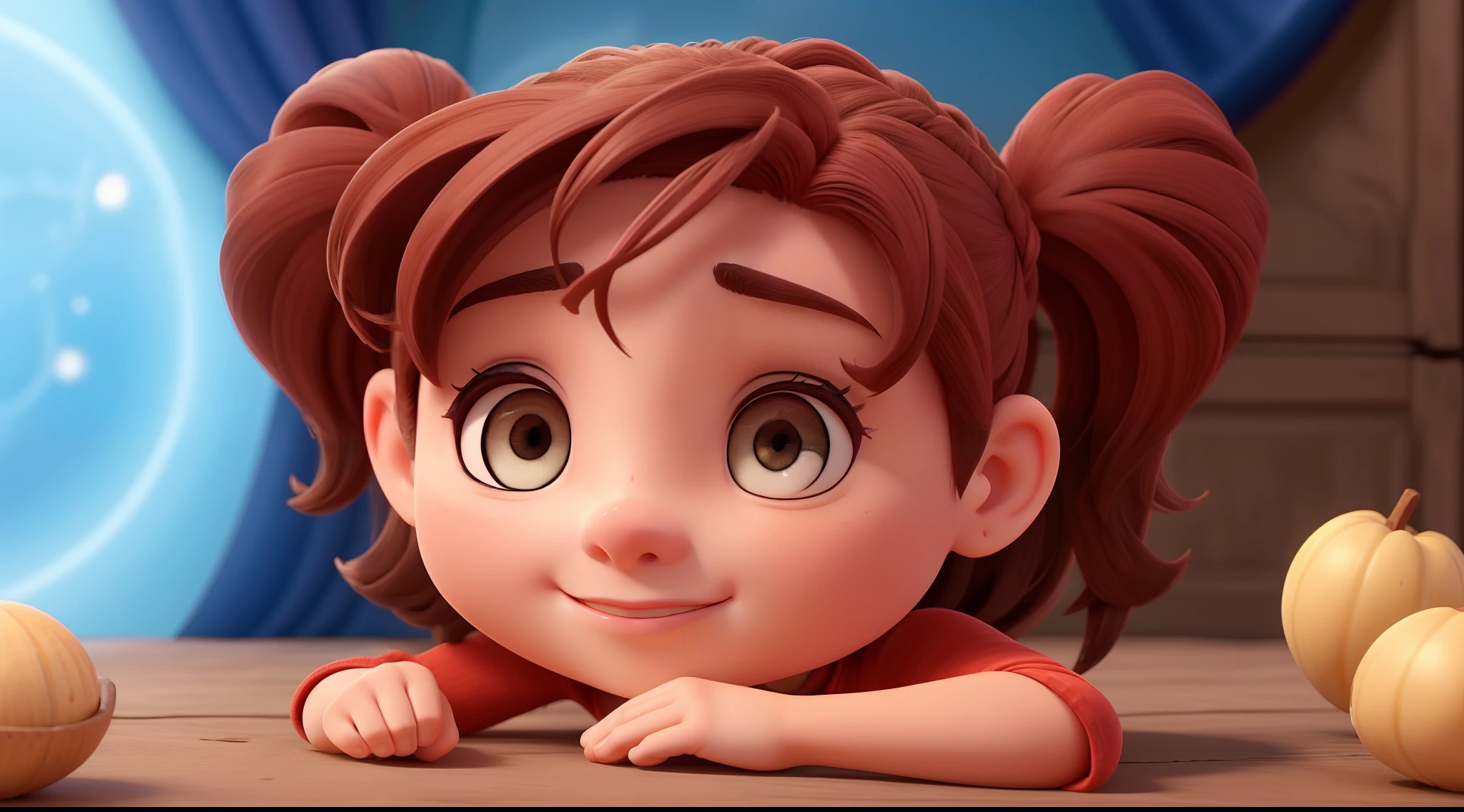 um close up de uma menina curiosa e destemida com muita magica ao redor