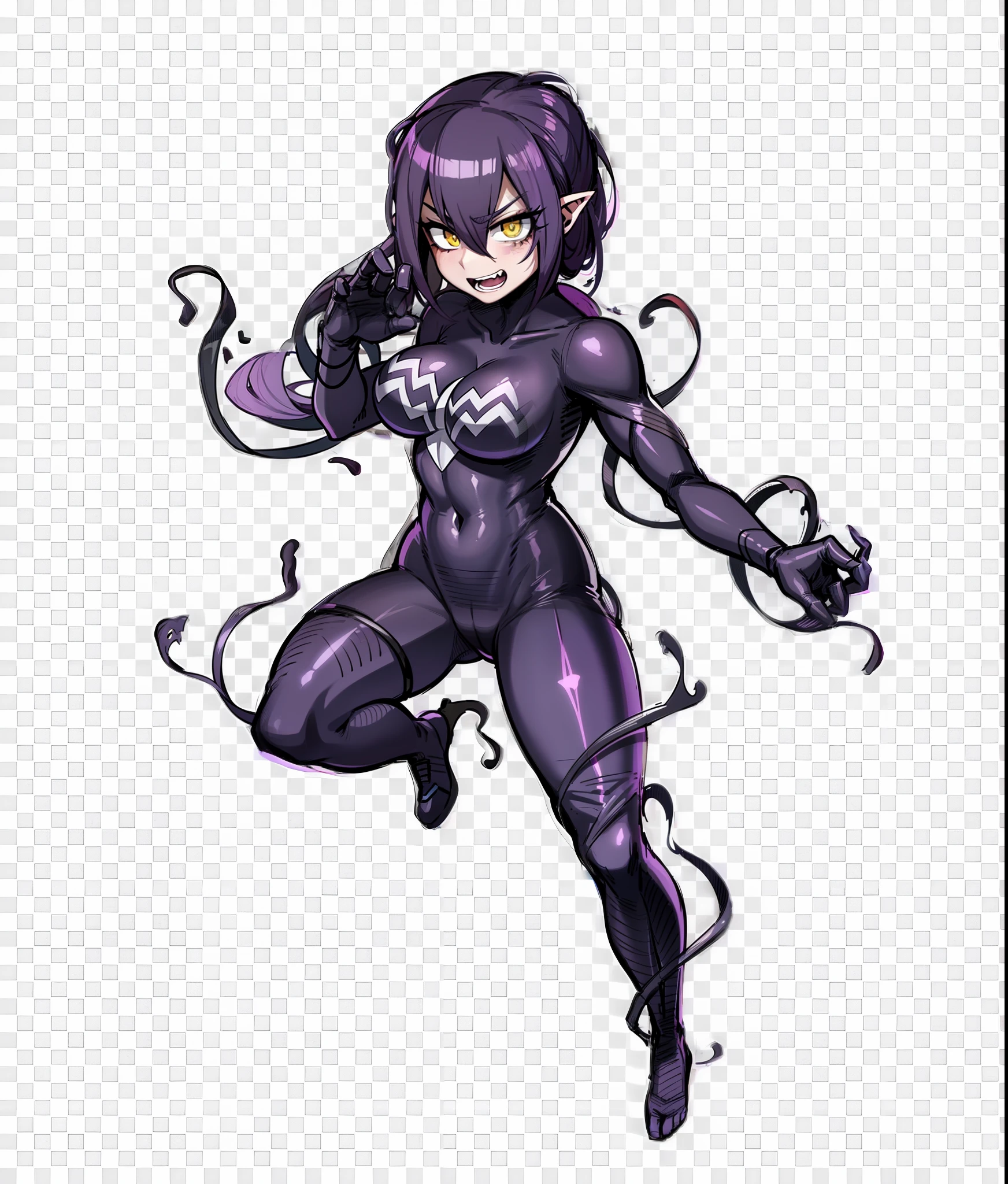 My Hero Academia style, anime Girl, female, Amity Blight, The Owl House, venom in purple, she venom, venom gwen, hood, claw, marvel, klytar, Looking at the viewer, trending on artstation pixiv, (full body shot:0.5), tall girl, Masterpiece, Perfect Anatomy, Super Detailed, Pale skin, golden yellow eyes, pointy ears, Hair tied into a high ponytail pulled up in front, undercut on the sides, two-tone hair, long purple hair, liquid suit, full body, Wide thighs, wide hips, Large breast, full body suit, slime suit, Studded Suit, Spotted purple suit, multi-toned suit, purple suit, multi shade purple suit, light purple spot suit, dark purple spot suit, one piece suit, purple symbiote.