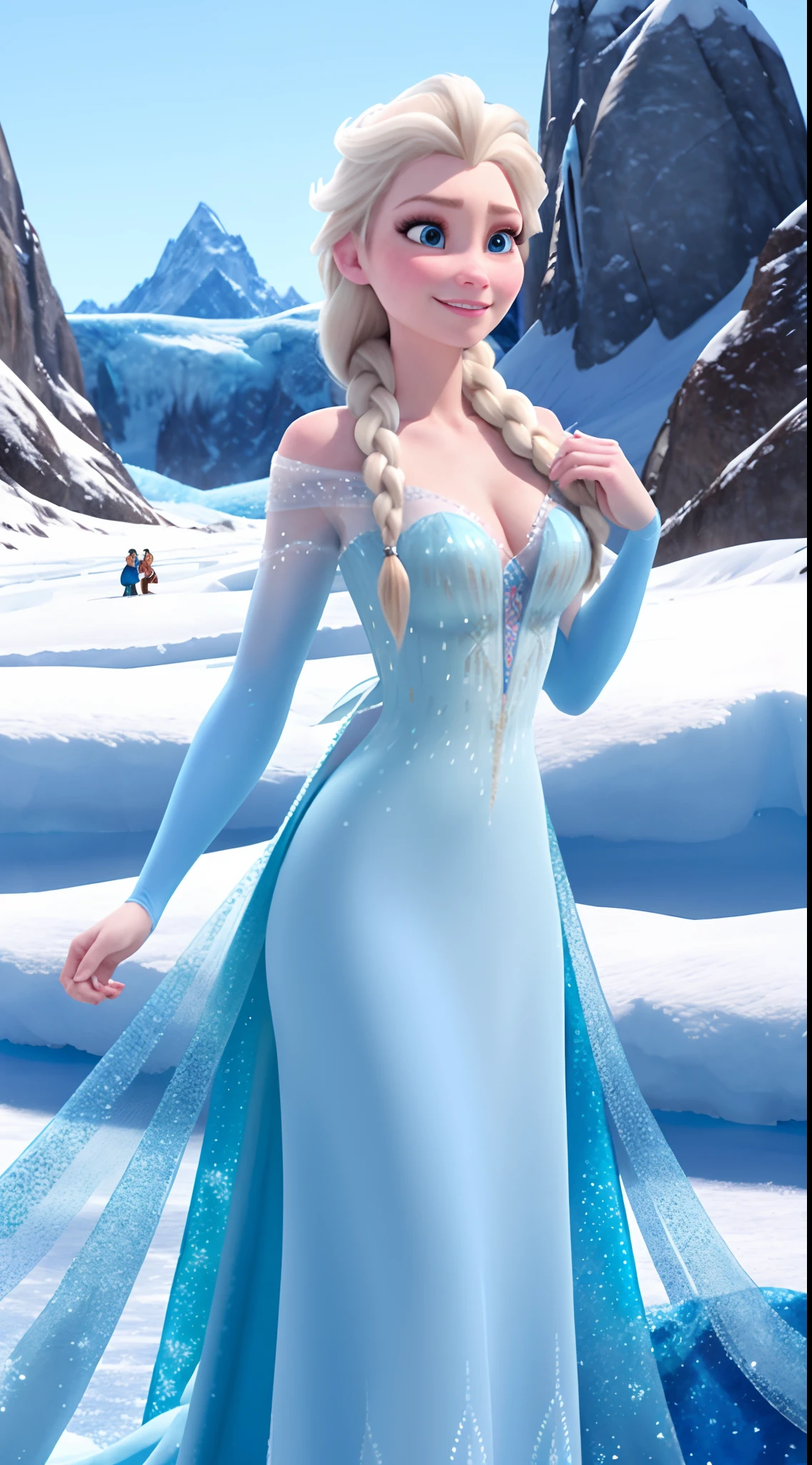 elsa of arendelle, beautiful face, detailed face, long tight blue dress, hands on hips, big breasts, big round asack facing camera), full body, hot, standing in a castle, high quality, detailed