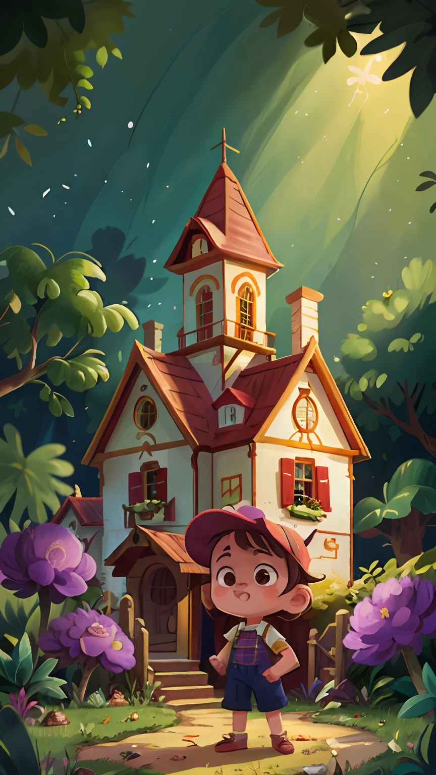 A 6-year-old girl stands in front of a haunted house, em uma noite escura, She's wearing gardener clothes, is scared, qualidade perfeita, foco claro (mess - house: 0.8), (obra-prima: 1.2) (Bokeh) (Melhor qualidade) (Sem Detalhes) (4K) (foco nítido), (Infeliz)