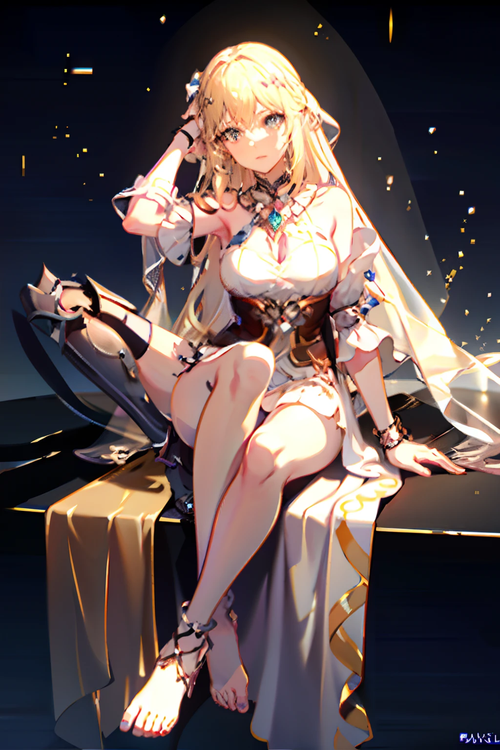 masterpiece, best quality,
1girl, night, Nineveh, meteor shower background, ultra-detailed, solo, looking at viewer, (curvy:1.1), (wavy hair:1.1), (breasts apart:1.3), groin, (pasties:1.3), neck ring, armlet, bracelet, (thighlet:1.2), (white veil:1.2), (hair ornament:1.1), navel piercing, (chain:1.1), (gold:1.3), (gold trim:1.2), rose, sweat, spread legs, sitting, arm up, full body, anklet, barefoot, on bed