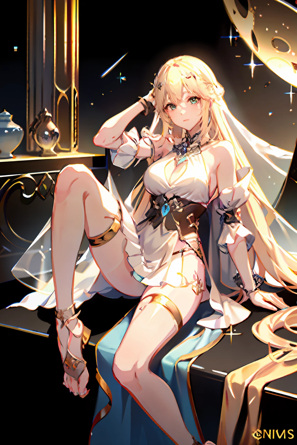 masterpiece, best quality,
1girl, night, Nineveh, meteor shower background, ultra-detailed, solo, looking at viewer, (curvy:1.1), (wavy hair:1.1), (breasts apart:1.3), groin, (pasties:1.3), neck ring, armlet, bracelet, (thighlet:1.2), (white veil:1.2), (hair ornament:1.1), navel piercing, (chain:1.1), (gold:1.3), (gold trim:1.2), rose, sweat, spread legs, sitting, arm up, full body, anklet, barefoot, on bed, Vaginal sulcus，((female genital)))，Meat urinal，No top，No shirt，dewpoint