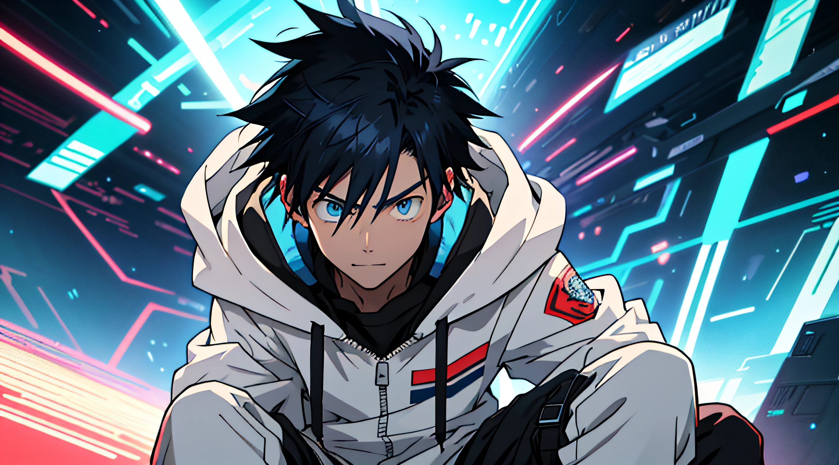 Anime boy with blue eyes and black hair in a white jacket, tall anime man with blue eyes, 2 d anime style, trigger anime art style, young anime man, Anime Boy, anime moe art style, male anime characters, Official Character Art, Key Anime Art, 2 D Anime, hero 2 d fanart artsation, High quality anime art style, twinks、White hoodie、Blue eyes、Blue mesh々Black hair that went into、Sharp eyes、20yr old、Wearing blue headphones、short-haired, No.001 and 8K on the hood, Solo!!, Digital space, top-quality,(masutepiece, Best Quality), 1boy, younge boy,Flat chin,is shy,ssmile,looking at viewert,Sitting in a chair,neon light,Colorful light effect,Fluorescence effect, cyber space, Upper body portrait, Solo!!