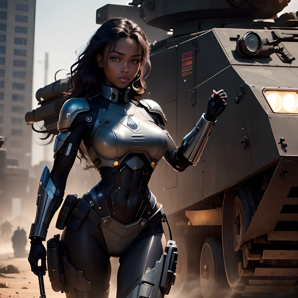 ( masterpiece, 8k ) Dark skin, woman in military clothes, real hair, cybernetic arms, next to an armored vehicle