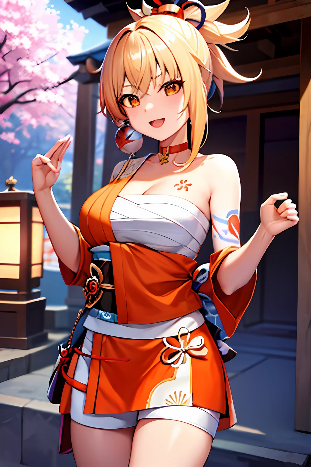Masterpiece, Best quality, A high resolution, 1girll, Blonde hair, Medium hair, Asymmetrical hair, Floating hair, hair between eye, High ponytail, side locks, hair adornments, fish hair ornament, nipple tassels, kanzashi, bangs, Orange eyes, Open mouth, Smile, teeth, Upper teeth only, choker necklace, red necklace, pendant choker, butterfly choker, 鎖骨, tattoo, chest tattoo, flower tattoo, cleavage, Medium breasts, Thighs, Bandages, bandaged leg, Arashi, Budget Arashi, chest sarashi, black sash, hadanugi dousa, houkisei, Japanese clothes, komono, Kinchaku, Obi, Obiage, obijime, orange kimono, pouch, print kimono, Cord, sash, shimenawa, Short kimono, Single bare shoulder, visions (Genshin Impact), east asian architecture, Cherry blossoms, full bodyesbian, arms back behind,
