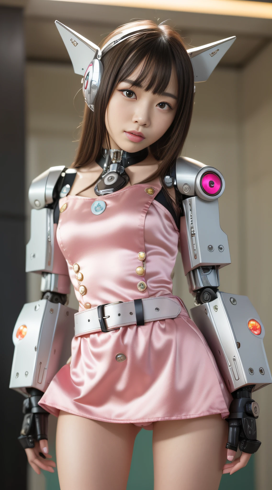 (Photorealsitic:1.4)、Onegirl、(top-quality),(hyperdetailed face)、(Super well-formed face)、((Robot Parts))、(Cyborg girl)、(Silver)、(metalic)、(fullllbody)、(sexy pose)、(Slender body)、(Model body type)、(mecha exposure)、(akihabara)、(is looking at the camera)、(A dark-haired)、(10Head and body)、(a small face)、(Idol)、(front facing)、(is standing)、(Photo session)、(Looks sad)、(Cyborg girl in pale pink satin dress)、(Golden button)、(sleeve less)、(a miniskirt)、(a belt)