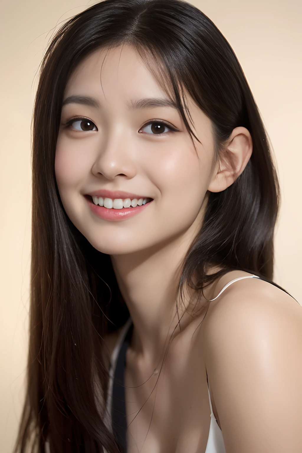 (a detailed full-body RAW photo of a girl), ((masutepiece, of the highest quality, High Definition)), 1 girl, (Photorealistic: 1.4), Solo, White background, with a pure white background, Mouth closed, Happy smile, Happy smile, pretty black hair,(Black silky long straight hair, long hair flowing over the shoulders:1.3), Big eyes, clear double eyelids, Eyelashes, Ears out, long neck, long neck, Absolute area, ((Face Close-up)), (Draw all the heads, shoulders), 19 years old, Attractive proportions, Shiny skin, Clean collarbone, Golden Ratio Face, Perfect face, tear moles, Mole on chest, Beautiful bangs, Lip gloss, thin lips, Fair skin, Naked, Big breasts, a small face, a small face, All heads drawn, The shoulders are all drawn, Staring at the camera slightly above??8K, Raw photo, top-quality, hight resolution: 1.1, A hyper-realistic: 1.4, realisitic, The ultra-detailliert, Photorealistic: 1.3, absurderes, masutepiece, ulzzang -6500-v1.1:0.33, Beautiful_mistake-6500:0.66, pureerosface_v1:0.33, Raw foto: 1.2, Open mouth, Soft light, cinematric light, Film grain, full body Esbian, depth of fields,, blured background, eyes focus, POV, 20 years old, 85mm lens, F/1.4, Professional Lighting, portrait of the, photon maping, Radio City, physically-based renderingt(physically-based renderingt(physically-based renderingt(physically-based renderingt(physically-based renderingt(Physically Based Rendering))))), Transparency, Japan girls, sexual excitement: 1.5, Realistic face, Realistic body, Realistic skin, clean: 1.5, Big breasts: 1.3, Teardrops, Watery eyes, Raised eyebrows, Good Style, Camel toes, Smile, A charming smile, Detailed brown hair, (very messy hair:1.5),