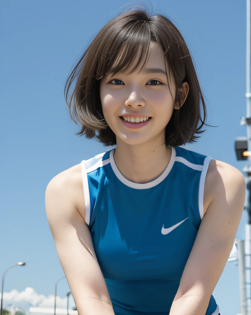 (masterpiece: 1.3), (8K, realistic, RAW photo, highest quality: 1.4), Japanese high school girl, (random hairstyle: 1.2), micro bikini: 1.2, super detailed face, eye for details, double eyelid, lean forward towards the chest, sharp focus: 1.2, cute woman: 1.4, light brown hair, highest quality, masterpiece, ultra high resolution, (realistic: 1.4), Highly detailed and professionally lit smiles, playground background, Track and field athlete stretching, tight white crop top, light blue racing shorts, Shining sweat, baby face, thin, serious expression, short hair