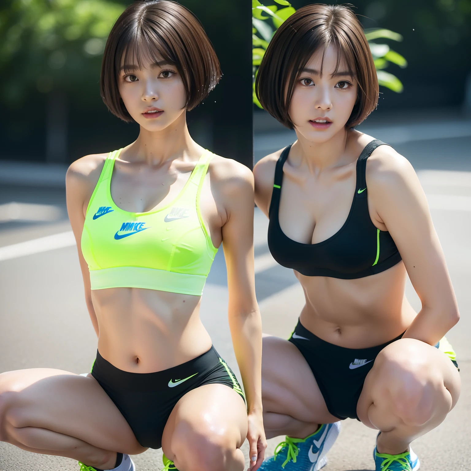 (Solo), (a detailed full-body RAW photo of a girl), (masutepiece:1.0), (Best Quality:1.4), (超A high resolution:1.2), (Photorealistic:1.4), 8K resolution, Canon EOS R5, 50 millimeters, absurderes, ultra-detailliert, (18 year old), Cinematic lighting, Detailed beautiful face, (no-makeup:1.2), (ulzzang -6500-v1.1), petite figure, Detailed skin texture, (flat chest:1.4), (skinny and fit body:1.6), Detailed brown hair, sweltering,(Very short hair:1.5), See Through wear, (lime green and black tight, nike thin sports bra and sports panty:1.5), More transparent, realistic glistening skin, Detailed texture, Cameltoe, well-developed abs, wet wear, Looks alive, erect nipples, (squatting open legs:1.5)