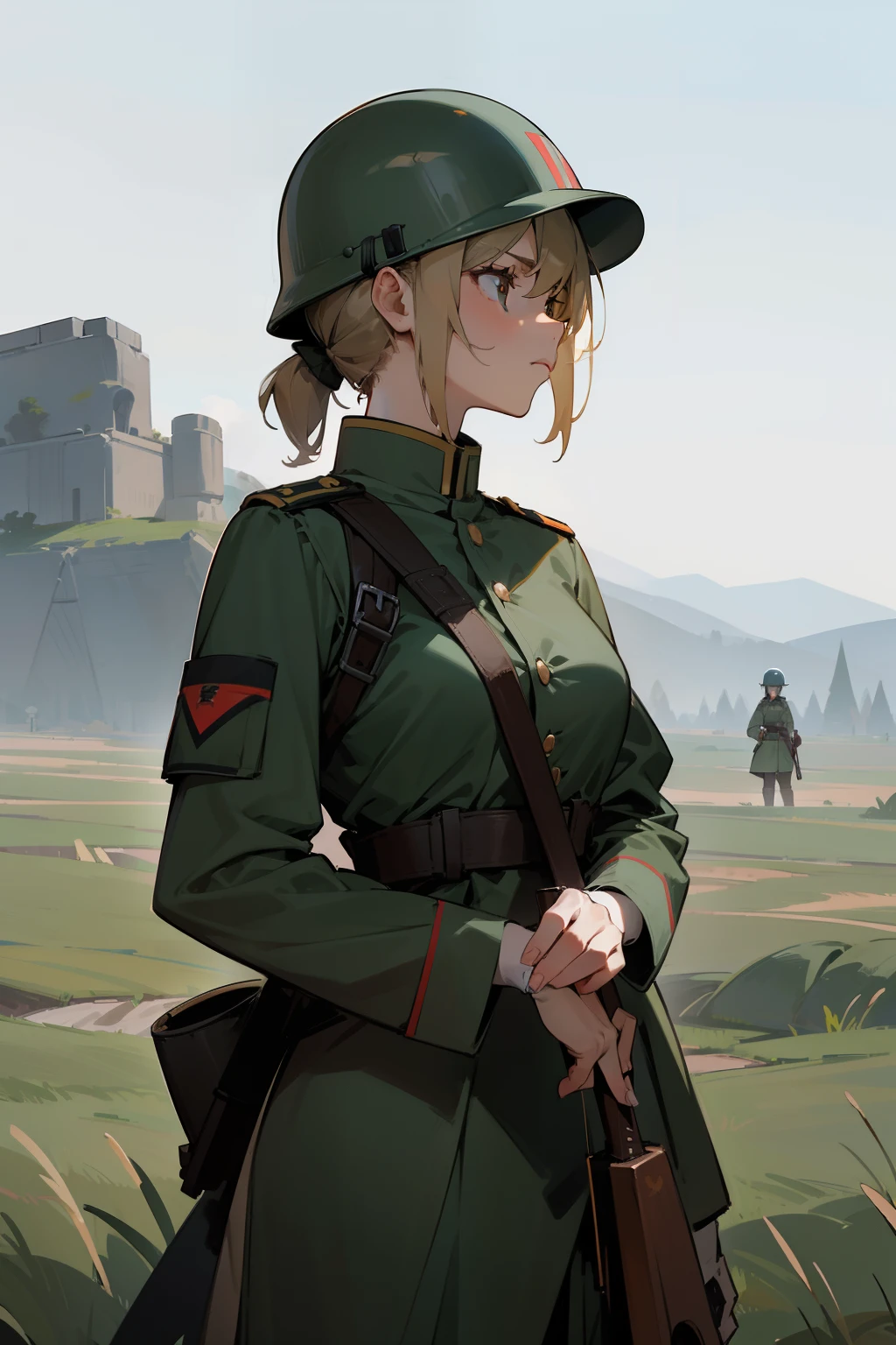 Amidst the quiet expanse of the battlefield, a female German soldier stands, her uniform adorned with muted green and brown hues, blending seamlessly with the surrounding terrain. Her helmet rests lightly on her head, partially obscuring her furrowed brow. One hand cradles the stock of her rifle, while the other rests under her chin, her fingers gently touching her lips in a thoughtful gesture. Her eyes, a mixture of determination and contemplation, gaze into the distance, lost in a world of strategies and decisions. In this moment of respite, amidst the chaos of war, her mind is a whirlwind of thoughts, considering the paths that lie ahead and the weight of her responsibilities.