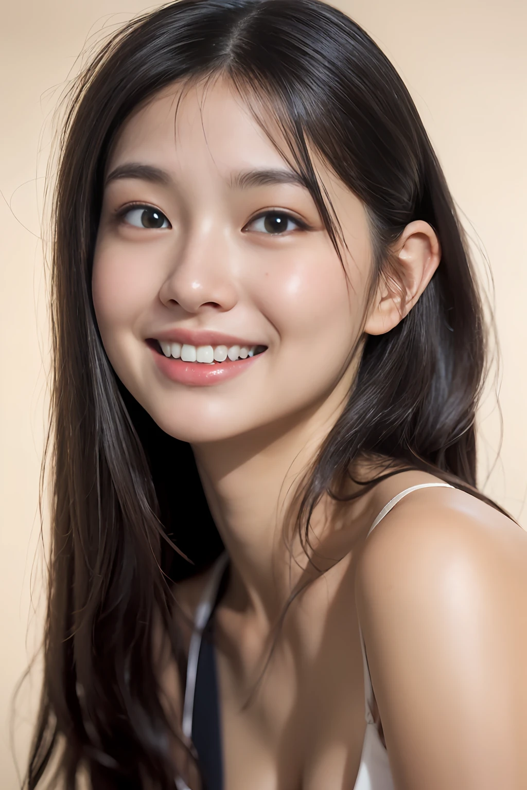 (a detailed full-body RAW photo of a girl), ((masutepiece, of the highest quality, High Definition)), 1 girl, (Photorealistic: 1.4), Solo, White background, with a pure white background, Mouth closed, Happy smile, Happy smile, pretty black hair,(Black silky long straight hair, long hair flowing over the shoulders:1.3), Big eyes, clear double eyelids, Eyelashes, Ears out, long neck, long neck, Absolute area, ((Face Close-up)), (Draw all the heads, shoulders), 19 years old, Attractive proportions, Shiny skin, Clean collarbone, Golden Ratio Face, Perfect face, tear moles, Mole on chest, Beautiful bangs, Lip gloss, thin lips, Fair skin, Naked, Big breasts, a small face, a small face, All heads are painted, The shoulders are all drawn, Staring at the camera slightly above??8K, Raw photo, top-quality, hight resolution: 1.1, A hyper-realistic: 1.4, realisitic, The ultra-detailliert, Photorealistic: 1.3, absurderes, masutepiece, ulzzang -6500-v1.1:0.33, Beautiful_mistake-6500:0.66, pureerosface_v1:0.33, Raw foto: 1.2, Open mouth, Soft light, cinematric light, Film grain, full body Esbian, depth of fields,, blured background, eyes focus, POV, 20 years old, 85mm lens, F/1.4, Professional Lighting, portrait of the, photon maping, Radio City, physically-based renderingt(physically-based renderingt(physically-based renderingt(physically-based renderingt(physically-based renderingt(Physically Based Rendering))))), Transparency, Japan girls, sexual excitement: 1.5, Realistic face, Realistic body, Realistic skin, clean: 1.5, Big breasts: 1.3, Teardrops, Watery eyes, Raised eyebrows, Good Style, Camel toes, Smile, A charming smile, Detailed brown hair, (very messy hair:1.5),