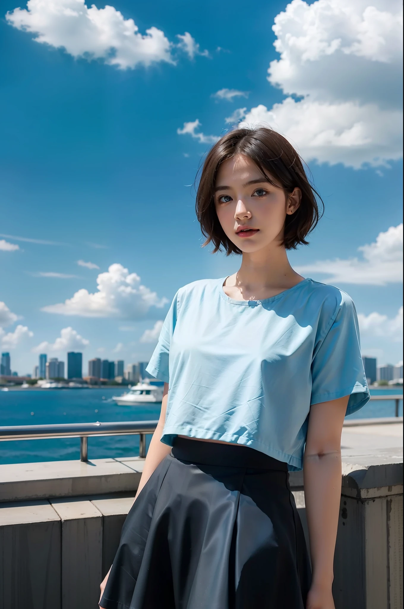 Girl short hair Blue eyes Cloudy day Light blue skirt facing the camera