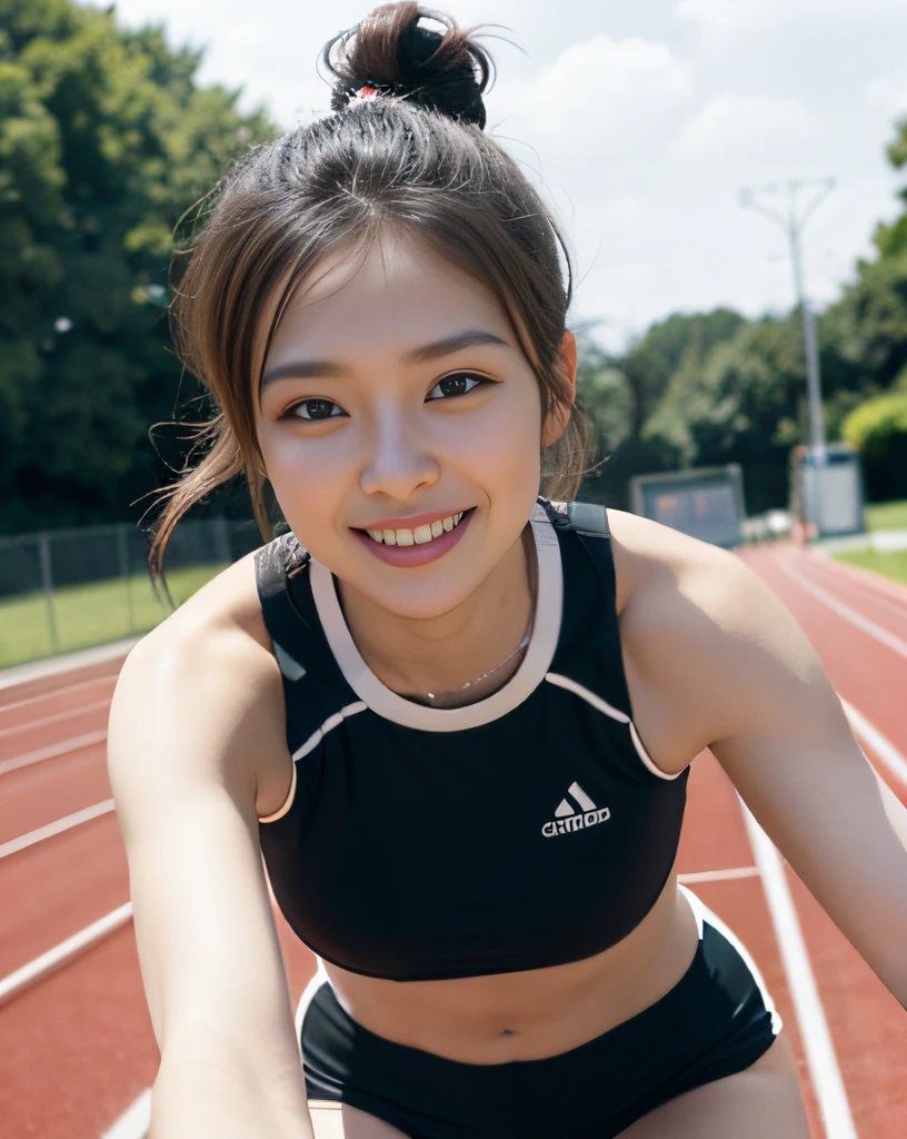 zydG, 1girls, Front view, stand, looking the viewer, exposed skin, (from below),brown-eyed, (brown updo hairstyle:1.2), (light hair), (medium breasts:1.4), smile with white teeth, (photorealestic:1.4), (Top image quality:1.0), (UltraHighResolution:1.0), 8K, Raw photography, (A masterpice:0.2), track and field uniforms, show abs, (sweat, wetty:1.1), portlate, facefocus, ful body,(pureerosface_v1:0.5), outdoor, track and field,