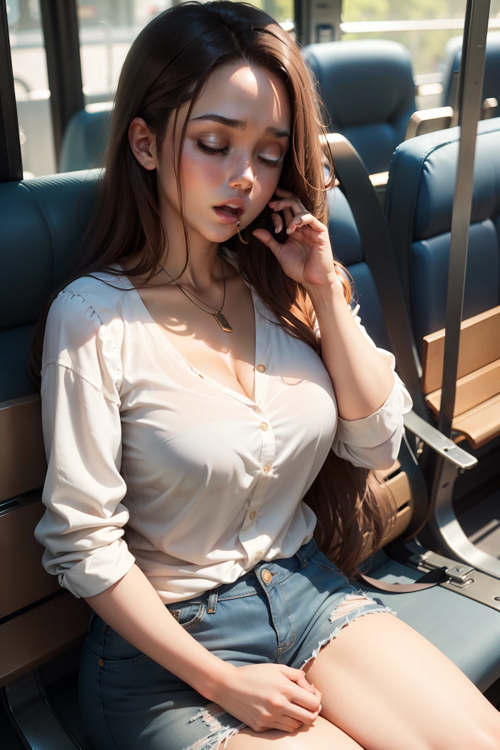 1 beautiful woman, large body, wavy hair, shoulder length hair, young, eyes closed, eyelids made up, LIGHT BLUE SHIRT, WHITE JACKET OVER THE SHIRT, HANDS CROSSED. BROWN BAG, asleep, black hair, asleep sitting on the BUS, HEAD RESTED ON THE SEAT, MOUTH WIDE OPEN, MOUTH OPEN, Eyes closed, Lucy Pinder, breasts, voluptuous woman, ((Very intense makeup)), ((Karen Fukuhara)).