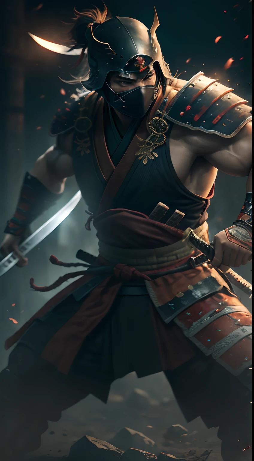 (8k), Ultra resolution 8K, Stunning illustration of a samurai warrior fused with a ninja warrior, Powerful Hero, Warrior Prince,Samurai costume fused with ninja style,Athletic Body guerrero, armadura muy bien detallada,((sostiene una katana)), cinematic lighting,action pose, agregar efecto al final,Mythical background