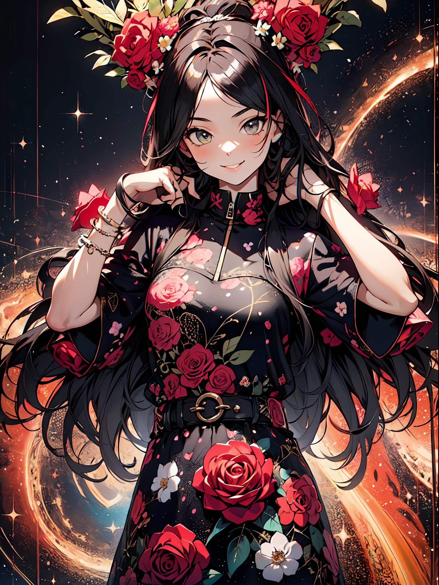 (flowercrown)(A rose flower),(((Brown skin))),(1girl in, Solo:1.6),(Cute smile),(Clothes are simple), (Best Impact:1.5), (maximalism:1.7), Vivid contrast, (Realistic), hyperrealistic illustrations, hight resolution, ultra-detailliert, absurderes,(Fractal Art:1.3)、Random hairstyle、Random hair color colorful、FULL BODYSHOT、Retro、Precise focus、randome pose、cinema4d、Dramatic
