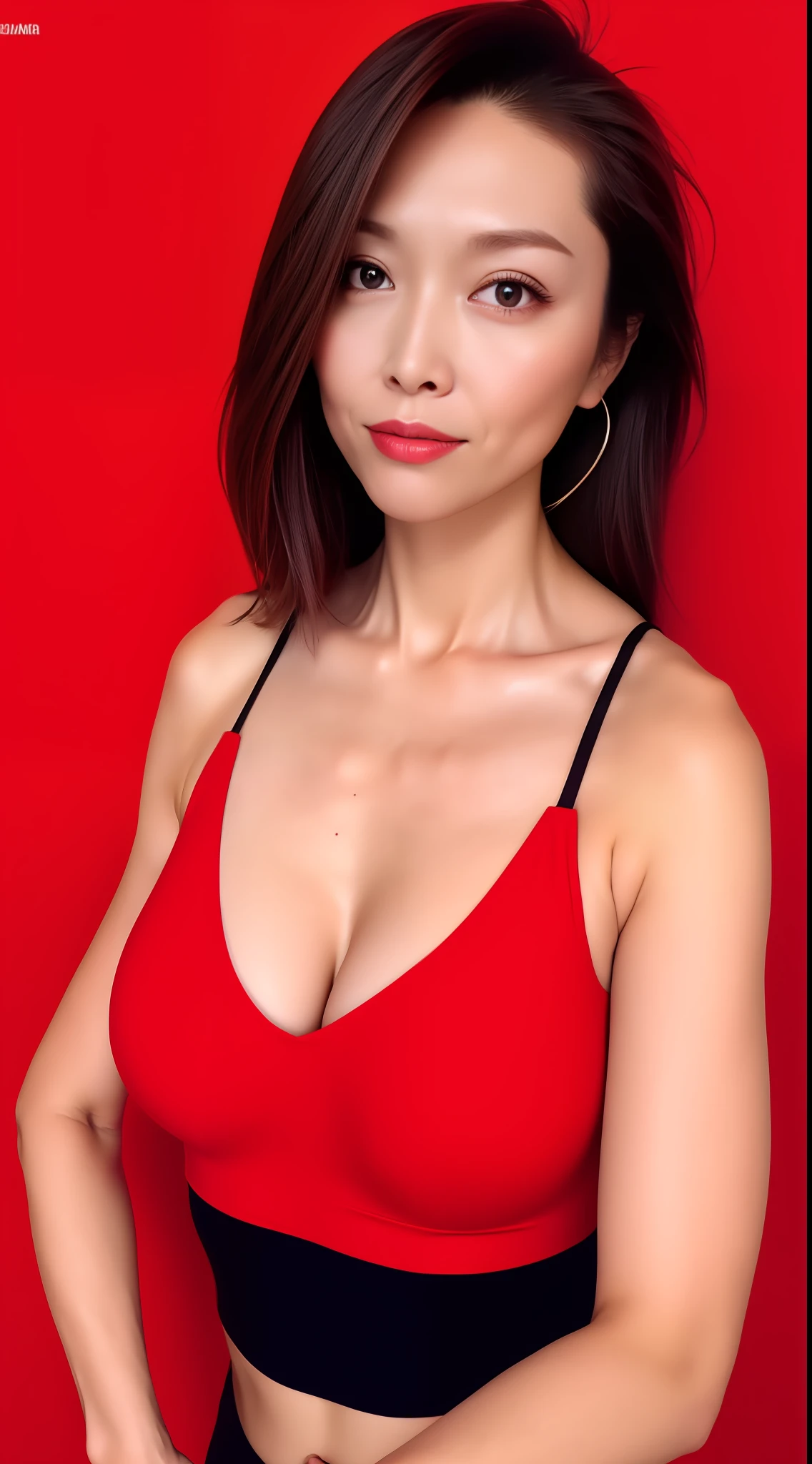 simple background, red_background, 1girl, beautiful face, beautiful woman, portrait, upper body, crop shirt underboob, crop top, underboob, large breast, cleavage, sexy,