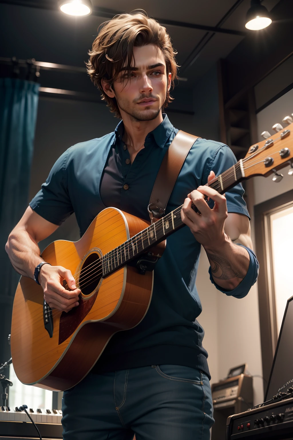 (master part),(best quality),(Ultra Detalhado)Arafed homem com cabelo liso curto tocando um homem tocando guitarra, musician, cantor e compositor, cantor - compositor, um bardo humano, cenario Azul e Laranja