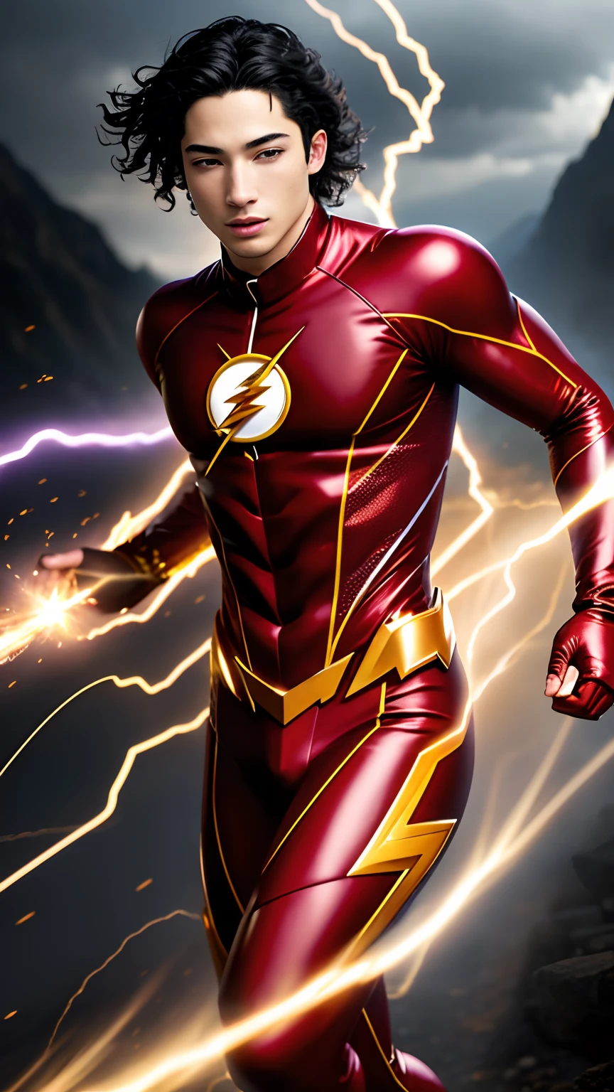 (best quality:1.33), (masterpiece:1.42), (realistic:1.24), (detailed:1.15), , high contrast and dynamic pose, movement,  energy, smoke, mist, wind, energy from body, speed, running, 
Generate an image of Ezra Miller as the Flash with flashy, (intricate suit:1.2),  eye-catching special effects, like energy blasts or lightning bolts, in the style of Ross Tran,
professional photoshoot,  action shot,  cowboy shot,