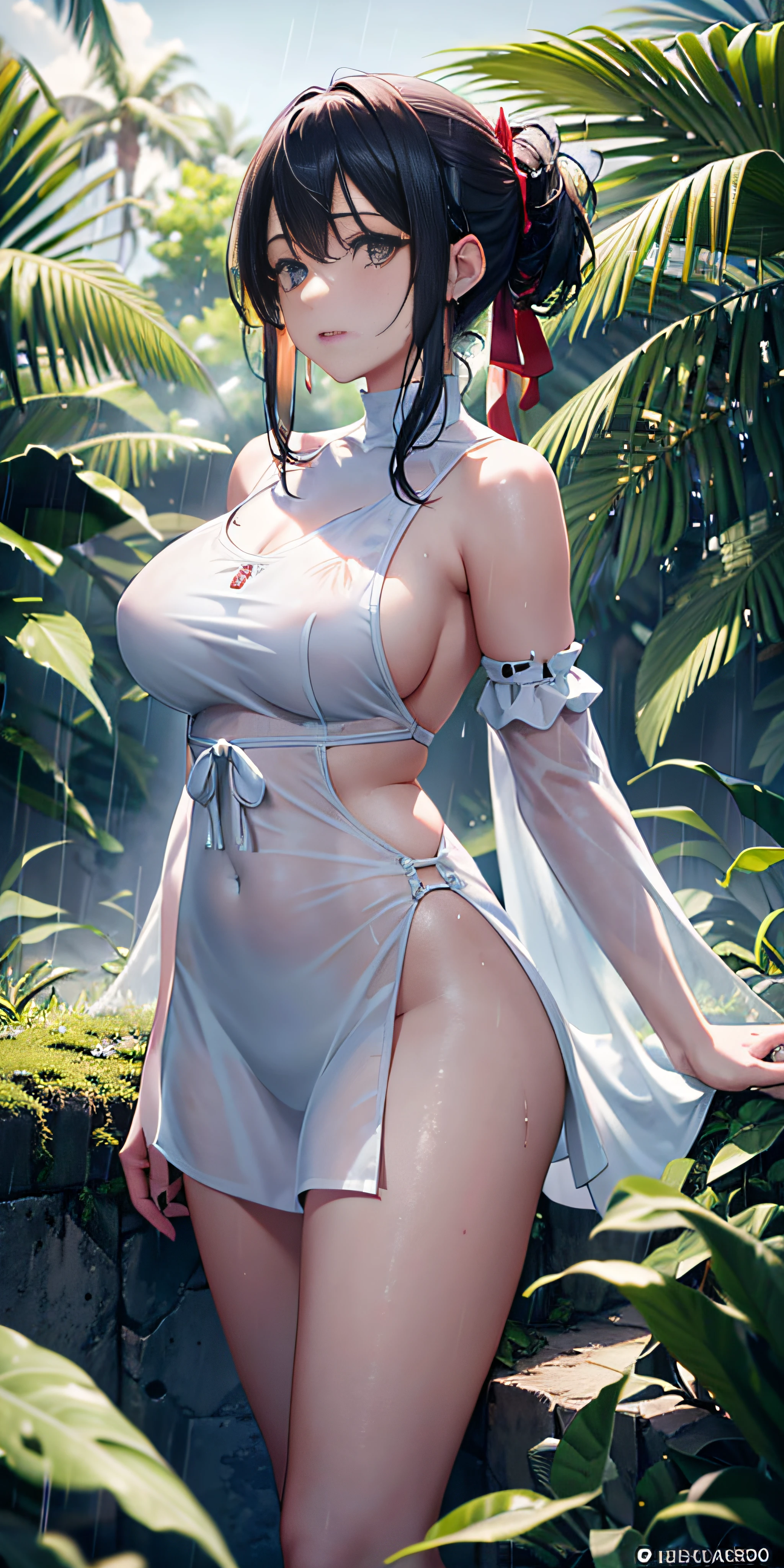 Calidad 3, Wet anime, hiper detalles, Vista de cuerpo completo, Wet anime 20-year-old white woman with randomly dyed hair Wet hair tied back with a red ribbon Her eyes are the same color as her wet hair, delgado, super close-fitting clothes: tapa blanca de tubo Nano y Nano Lycras, A jungle background under a constant torrential rain that soaked them, Backward wet posture, mostrando su hermoso cuerpo 92 59 90, cara coqueta, pedestal invisible,, movie grain, Colores Fuji, Contraste de luz y sombra, piel texturizada, dynamic pose, realismo, luz del sol, alto contraste, HDR (High Dymanic Range), Trazado de rayos, NVIDIA RTX, Super resolution, Irreal 5, Sub-Surface Scatterring, Textura PBR, Post-procesamiento, Anisotropic filtering, profundidad de campo, Maximum clarity and sharpness, Texturas multicapa, Albedo y mapas especulares, Sombreado de superficies, Accurate simulation of light-material interaction, proporciones perfectas, Renderizado de alto octanaje, two-color illumination, amplia apertura, ISO bajo, 8k,camara CANON eos profesional lens 50mm