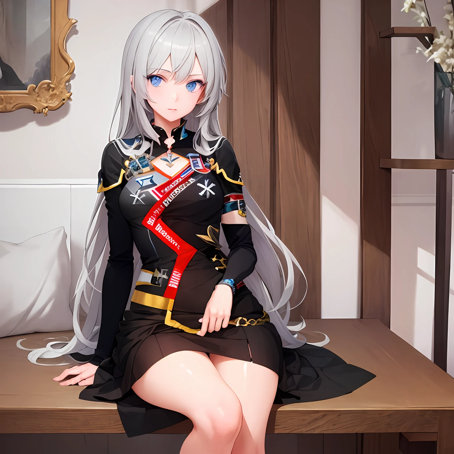 (Masterpiece,Best quality:1.2),1girll,governor,Gray hair,blue color eyes,medal,galactic,,nsfw