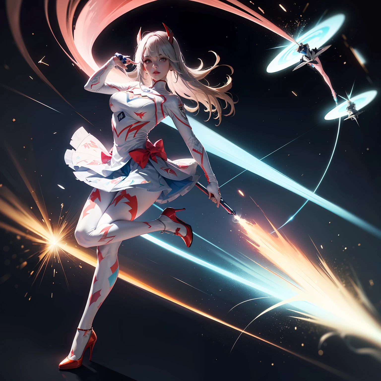 (full body:1.5),(1girl:1.3),(looking at viewer:1.4),(anatomy correct:1.3),(Wearing Printed Fantasy Ultraman suit and pointed high heels ,and Very thick Printed ta Pantyhose :1.35), (Light particle effect:1.3),(In pink | amarelo | blue colors| green color |red colors | white colors| black in color| purpleish color| greys| Beige| Flesh color 1.4),(Glowing eyes:1.3),(Large amplitude action: 1.3),(Accurate and perfect face:1.4),(Clothing Gloss:1.25),(Skin reflection:1.25),hyper HD, Ray traching, reflective light,structurally correct, Award-Awarded, high detal, lightand shade contrast, Face lighting,cinmatic lighting, tmasterpiece, super detailing, high high quality, high detal, best qualityer, 16k,high contrast,