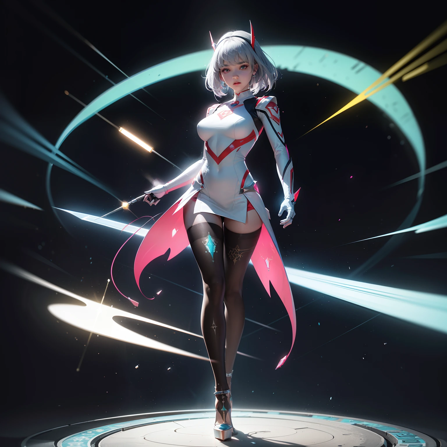 (full body:1.5),(1girl:1.3),(looking at viewer:1.4),(anatomy correct:1.3),(Wearing Printed Fantasy Ultraman suit and pointed high heels ,and Very thick Printed ta Pantyhose :1.35), (Light particle effect:1.3),(In pink | amarelo | blue colors| green color |red colors | white colors| black in color| purpleish color| greys| Beige| Flesh color 1.4),(Glowing eyes:1.3),(Large amplitude action: 1.3),(Accurate and perfect face:1.4),(Clothing Gloss:1.25),(Skin reflection:1.25),hyper HD, Ray traching, reflective light,structurally correct, Award-Awarded, high detal, lightand shade contrast, Face lighting,cinmatic lighting, tmasterpiece, super detailing, high high quality, high detal, best qualityer, 16k,high contrast,