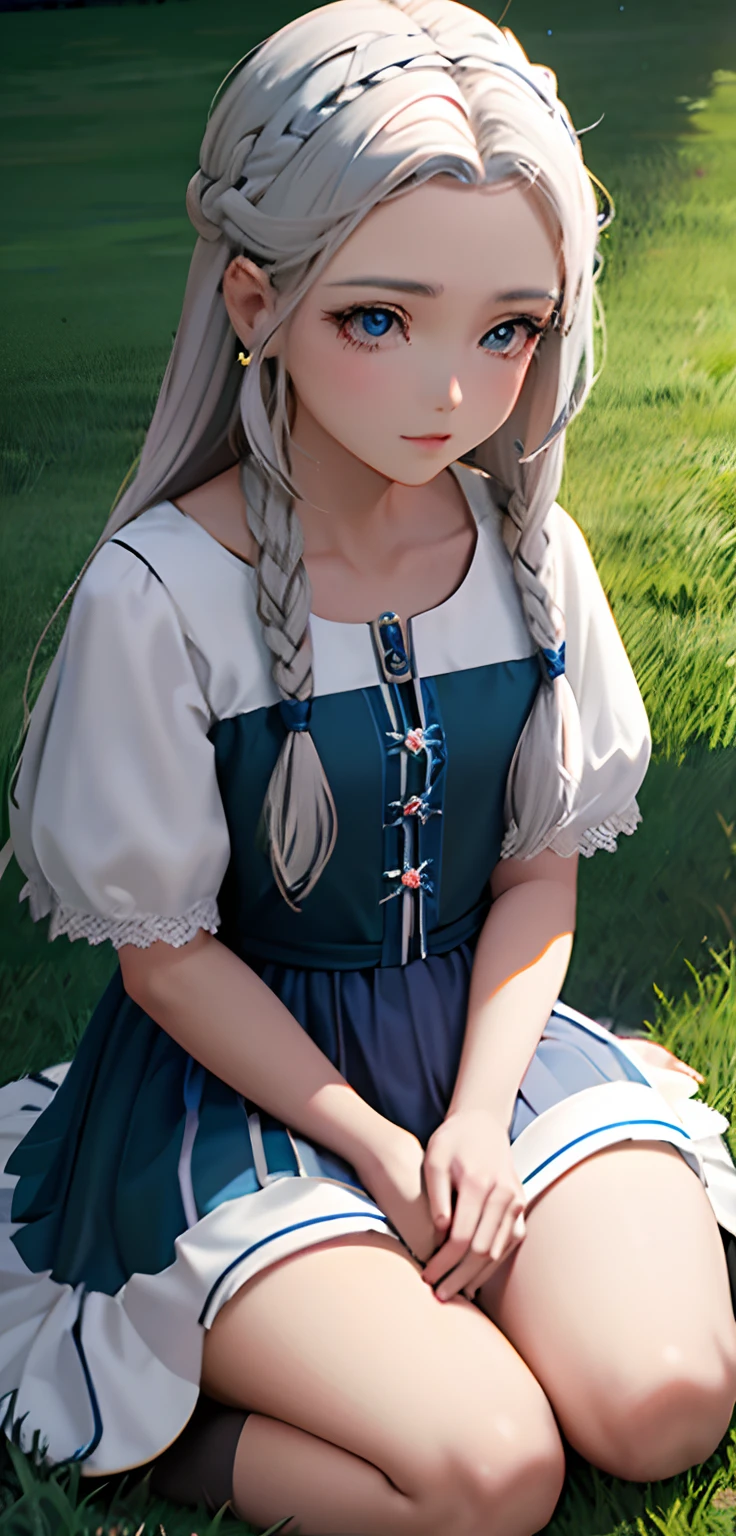 Menina anime com longos cabelos brancos sentados na grama com um vestido azul, anime estilo 3d, photorealistic anime girl rendering, render de uma menina anime 3d bonito, Estilo anime 3D realista, render de abril, anime estilizado, Loli no vestido, Soft anime illustration, arte de anime digital detalhada, retrato detalhado da menina do anime, arte cg anime suave