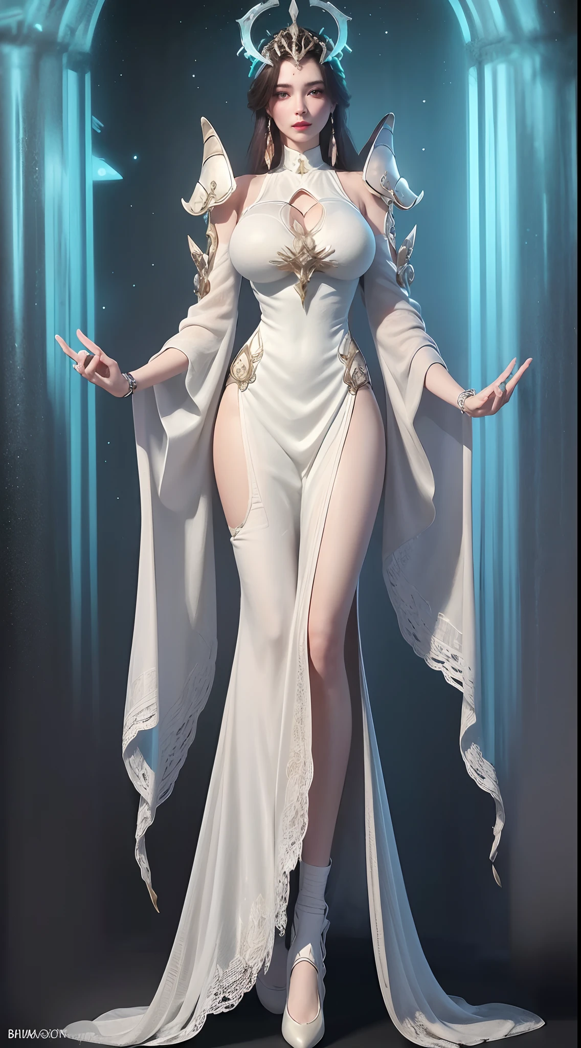 hydaelyn_tpa, 1girl, veil, white bodysuit, white wings, cape, lipstick, crown, smile, , highly detailed, absurdres, masterpiece,alone, walking, long dress